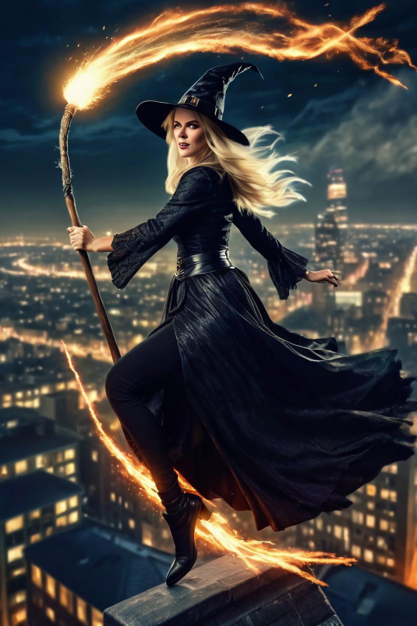 Artificial Intelligence (AI) generated image art, woman,, ultra detailed and extremely realistic, she is in her true genuine form as a beautiful witch riding her suped up, high powered broomstick high into the night air over an awake city, her luscious blond hair appropriately flowing from her classic traditional witches hat, (explosions), art by greg rutkowski, cinematic lighting, 8k, sharp focus, highly detailed, contrast to the most complimenting detail