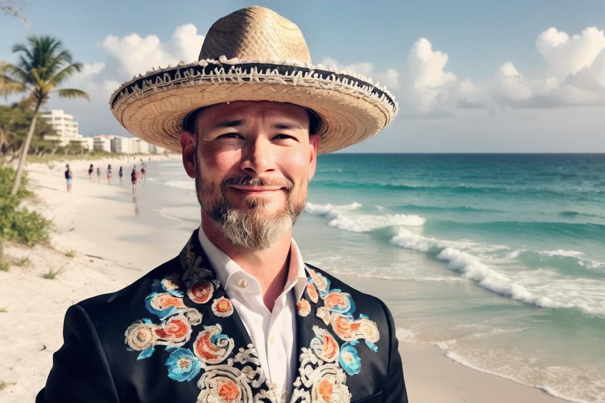 Artificial Intelligence (AI) generated image art, man as a mariachi band member wearing an ornate traditional outfit and sombrero in Cancun with the beach behind him slightly blurred, hyperrealistic photographic style