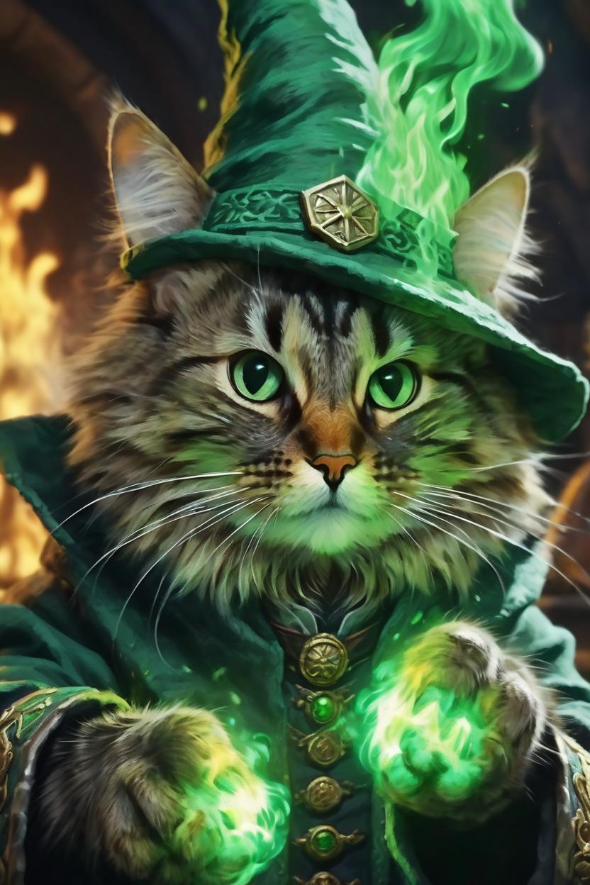 Artificial Intelligence (AI) generated image art, cat, (portrait), fantasy wizard, dnd, (((green fire from hands))), fire everywhere, phoniex, art by Greg Rutkowsi, highly detailed, sharp focus, 4k