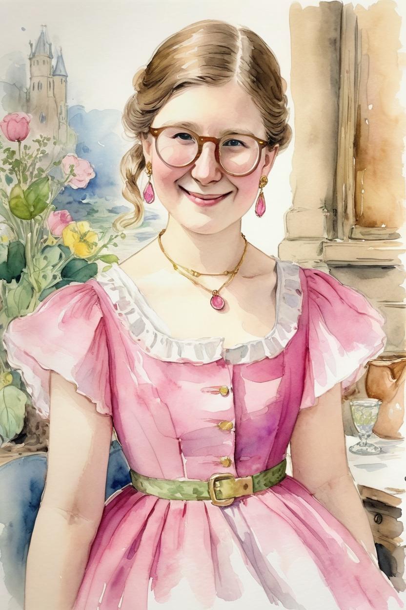 Artificial Intelligence (AI) generated image art, beautiful woman, 27 years old, illustration by Beatrix potter, water color drawing, colorful, pink dress gold earrings