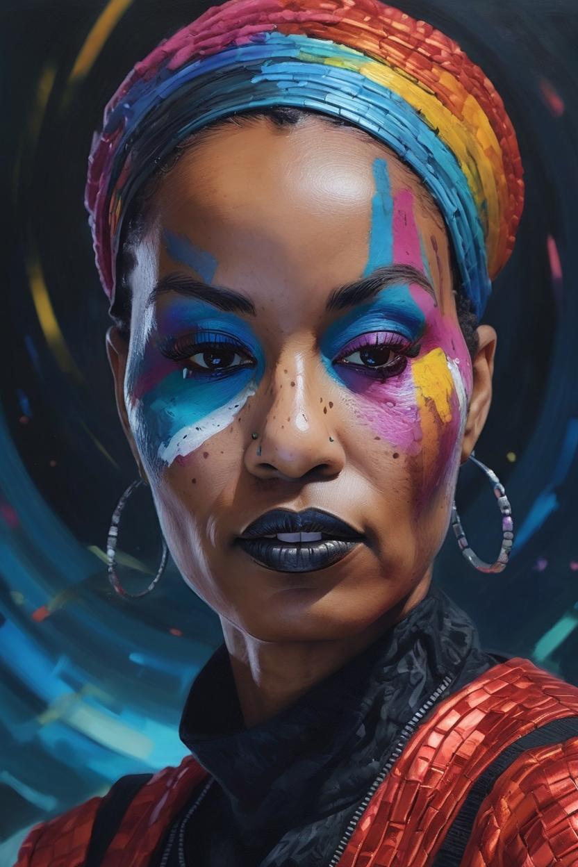 Artificial Intelligence (AI) generated image art, woman, 21.	Craft a hyper-realistic portrait of a woman in avant-garde makeup, each stroke and color meticulously detailed. Place her in an otherworldly, abstract space where gravity seems to play by different rules, creating a surreal atmosphere.