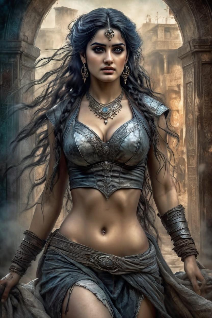 Artificial Intelligence (AI) generated image art, "A very detailed ((full body view)) of woman in Luis Royo fantasy style ((leave small empty area above the top of the head)). A very beautiful and striking female beauty, very detailed rendering, open, very long hair with soft waves framing the face, with ((eerily beautiful dark but sad eyes)), very detailed, intensely fearful and eerily creepy expression)), dressed in a few dirty rags, with bare legs and feet. Very advanced settings, 8K resolution, clear and sharp focus on all advanced details, intricately interwoven colour tones and intricate strokes, gently contrasting with elegant lines and sharp edges, advanced lithographic style, advanced film grain, bokeh and a blurred foreground and background, accompanied by advanced volumetric lithographic effects with stone wash giving a subtle silhouette reminiscent of either Jeremy Mann or Raphael Sanzio, Luis Royo or Julie Bell, against a (burlap texture) that gives an advanced lithographic touch, highest quality. "
