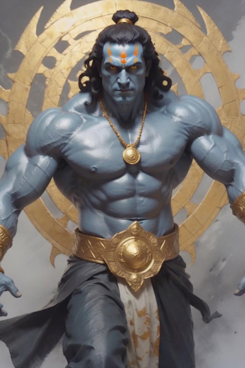 Artificial Intelligence (AI) generated image art, man masterpiece, concept art, mid shot, dynamic pose, centered, splash art, shiva the destroyer of worlds, six arms, golden eyes