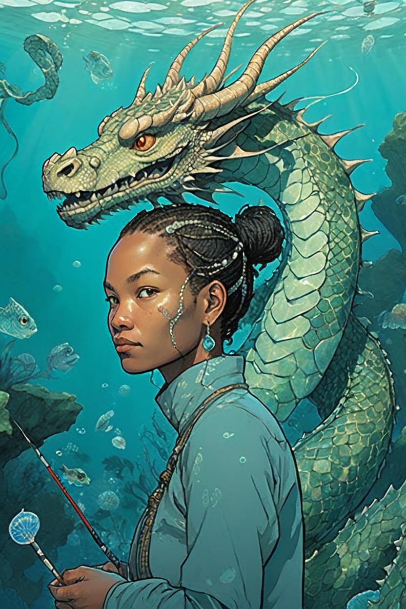 Artificial Intelligence (AI) generated image art, woman, a painting of a woman with a dragon head, in the style of intricate underwater worlds, frank quitely, unique yokai illustrations, luminous portraits, art of burma, tender depiction of nature, serene faces style expressive