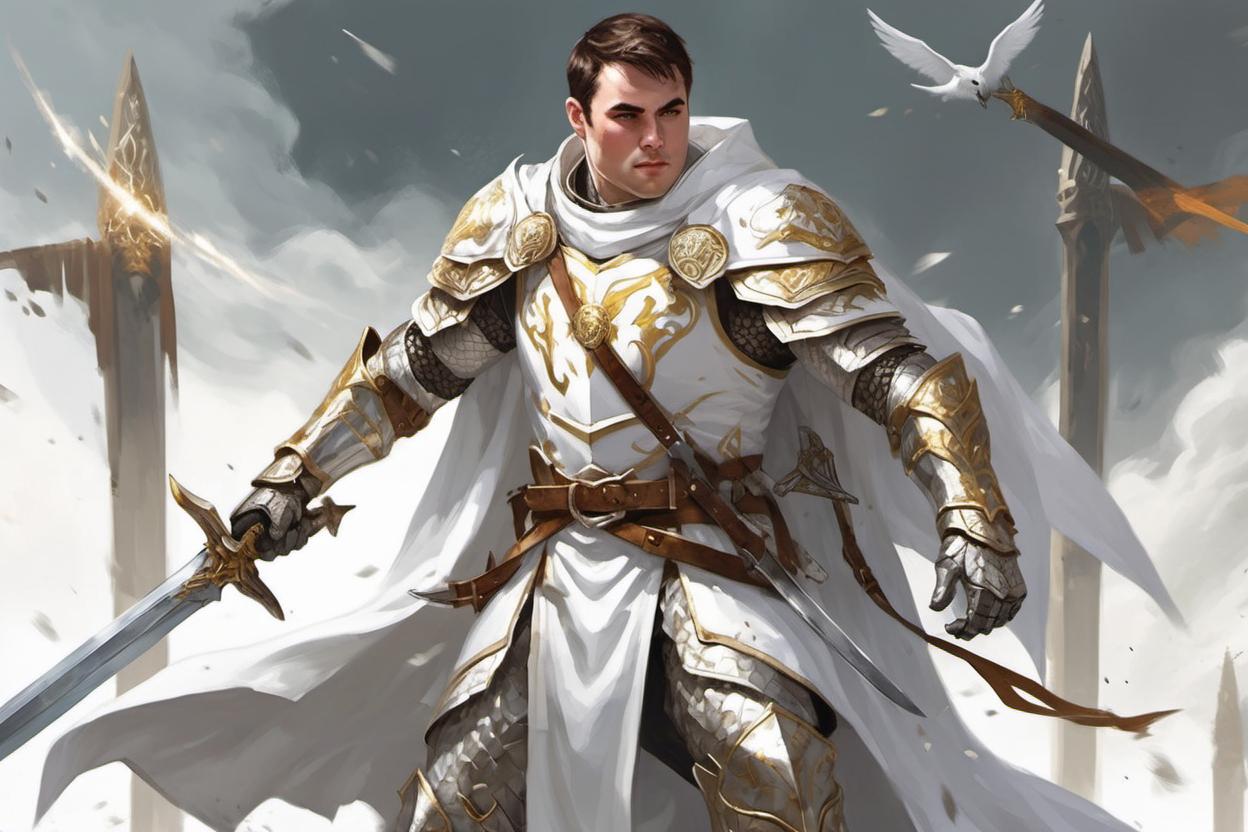 Artificial Intelligence (AI) generated image art, man, fantasy paladin, white and gold armor, white cloak, drawing sword from sheath, in the thick of battle, front lines, leading army, heroic look, D&D 5e art style