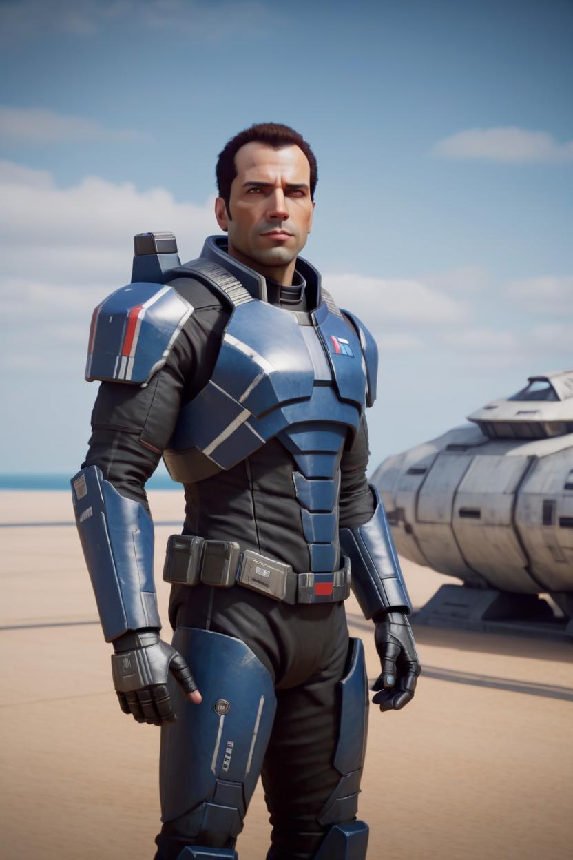 Artificial Intelligence (AI) generated image art, man, Shot on Hasselblad H6D-400c lens, Mass Effect, Commander Shepard, ultra high definition, ultra-realism, ultra realistic, younger, clean features, full body, normandy ship in background