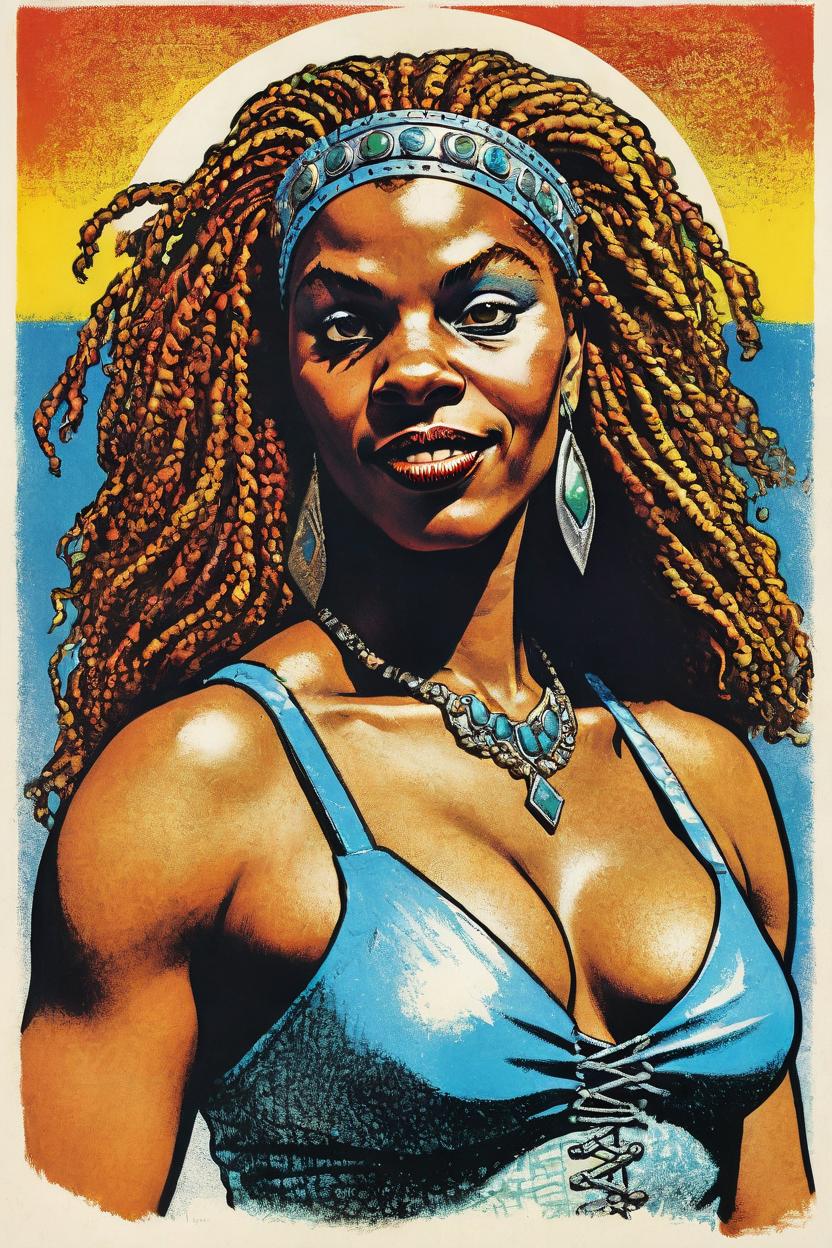 Artificial Intelligence (AI) generated image art, woman, Illustration ((full body view)), barbarian princess (((small empty era above top of the head))) bright colours, style of Frank Frazzetta, Robert Crumb