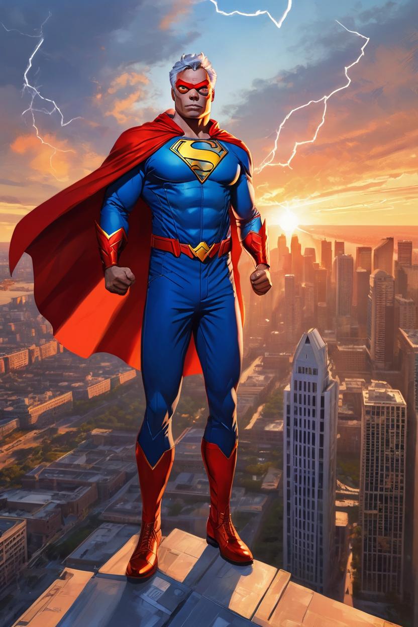 Artificial Intelligence (AI) generated image art, man, Create an image of a powerful superhero, soaring high above a bustling modern city at sunset. The superhero wears a vibrant blue suit with a bright red cape flowing behind him. His chest bears a large, silver emblem shaped like a lightning bolt. He has a strong, confident pose, with one fist extended forward, flying towards the viewer. The city below is lit by the golden hues of the setting sun, casting long shadows and highlighting skyscrapers in an orange glow. The mood is hopeful and heroic, reminiscent of classic comic book styles but with a touch of realism to give depth and texture.