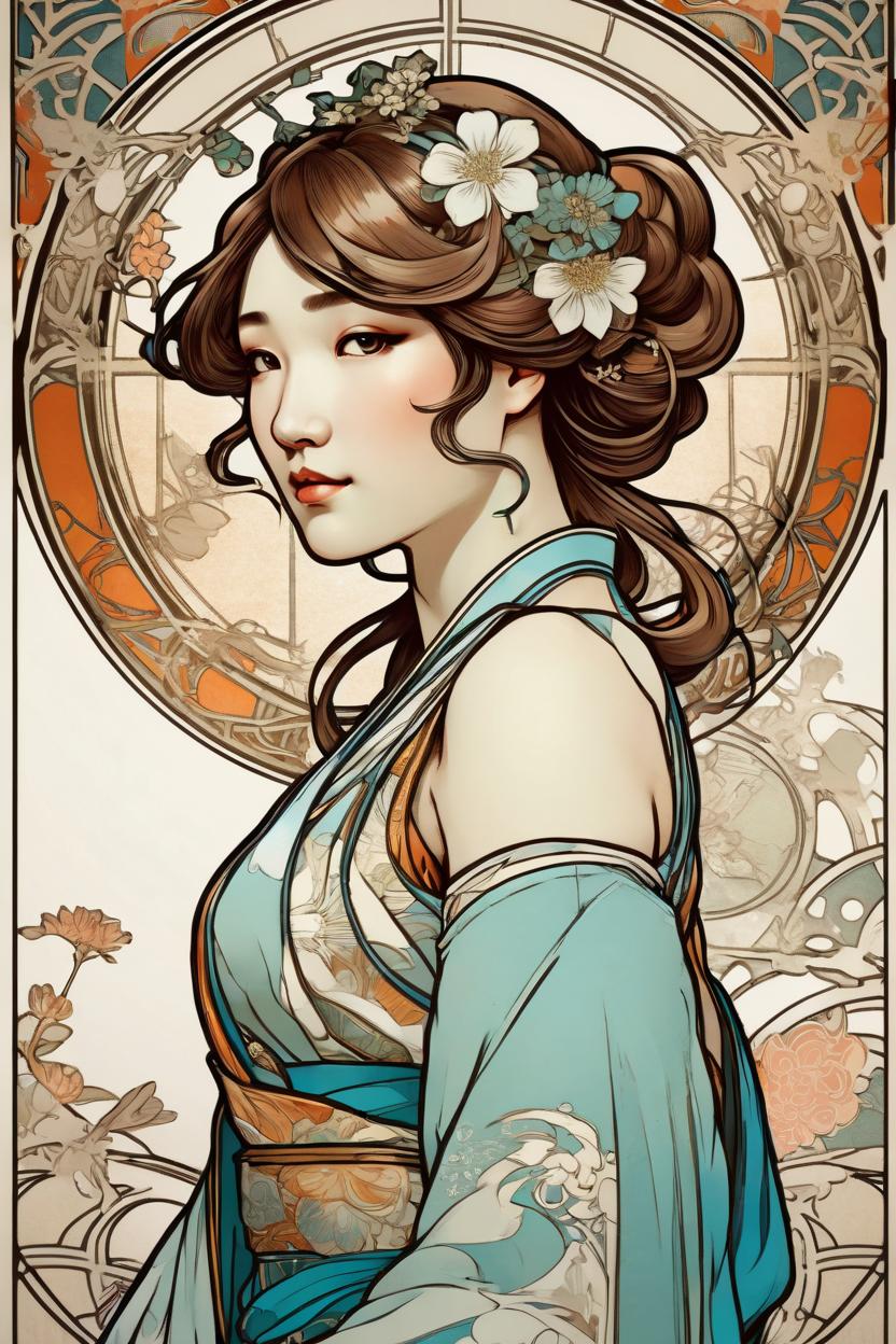 Artificial Intelligence (AI) generated image art, handsome fullbody illustration of beautiful art nouveau goddess woman, ((small empty area above head)), 2d colored vector artstyle, frontal elegant position, total view, full body, by alphonse mucha, by yoji shinkawa