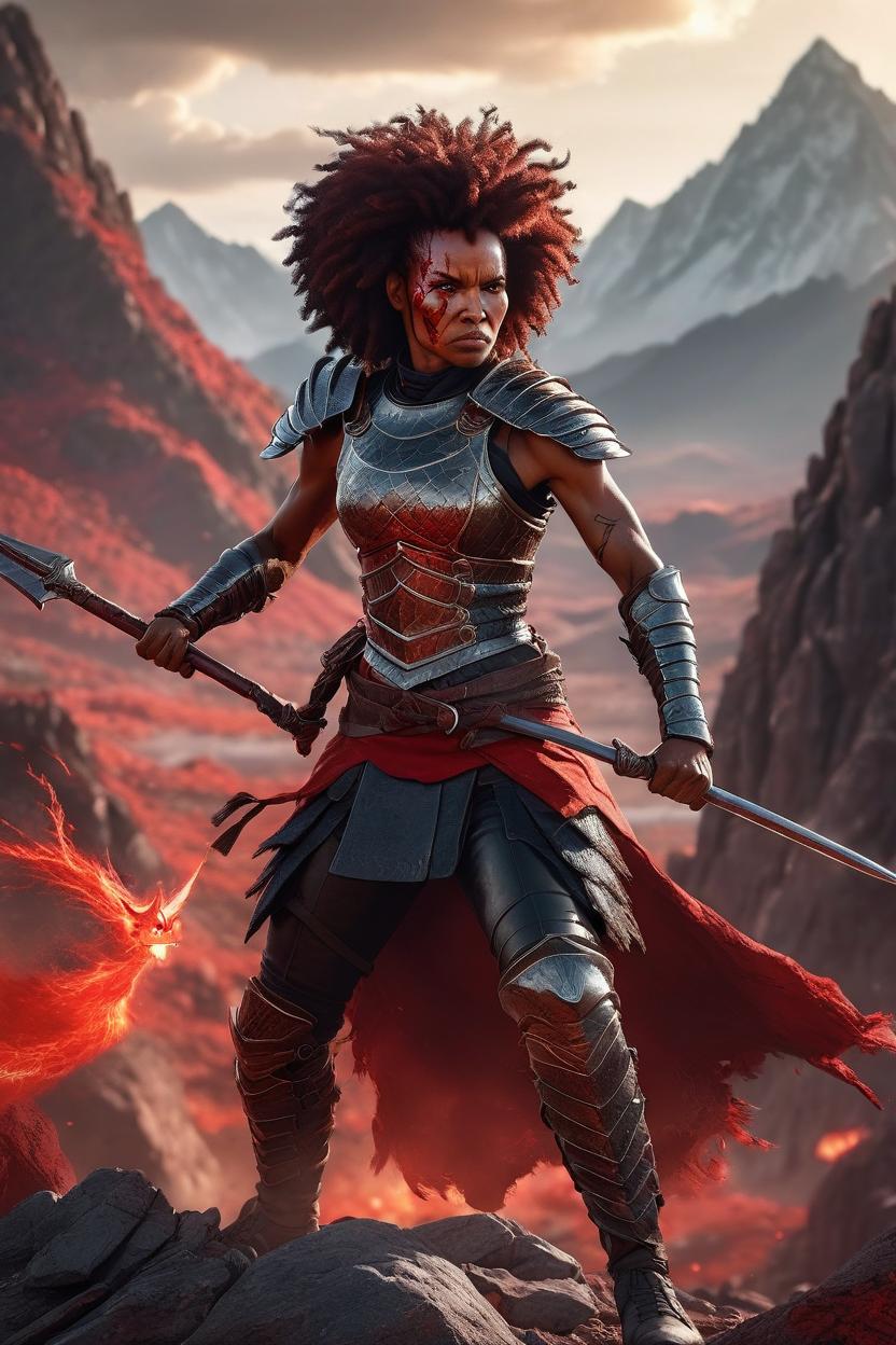 Artificial Intelligence (AI) generated image art, woman,Black female warrior, afro hair, brandishing spear, locked in combat with red dragon, amidst fantasy mountains, photorealistic style, dynamic battle scene, fearsome yet awe-inspiring, focused on detailed facial expression, intricate hand movements, epic fantasy landscape, juxtaposed with powerful lighting, highly detailed, ultra realistic
