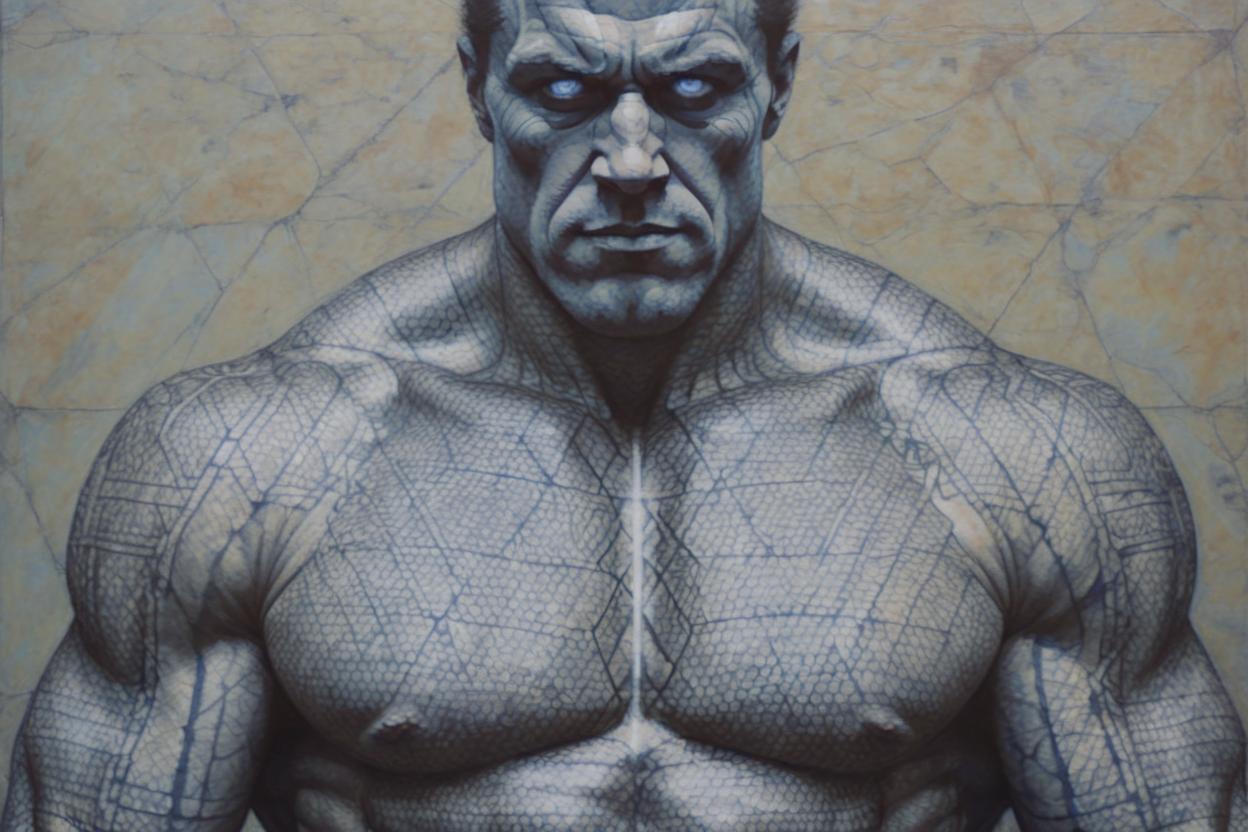 Artificial Intelligence (AI) generated image art, man, Viking berserker, muscular, bare torso, zdzislaw beksinski, mikhail vrubel, hr giger, gustav klimt, symmetry, fluorescent runes in real life, high detail