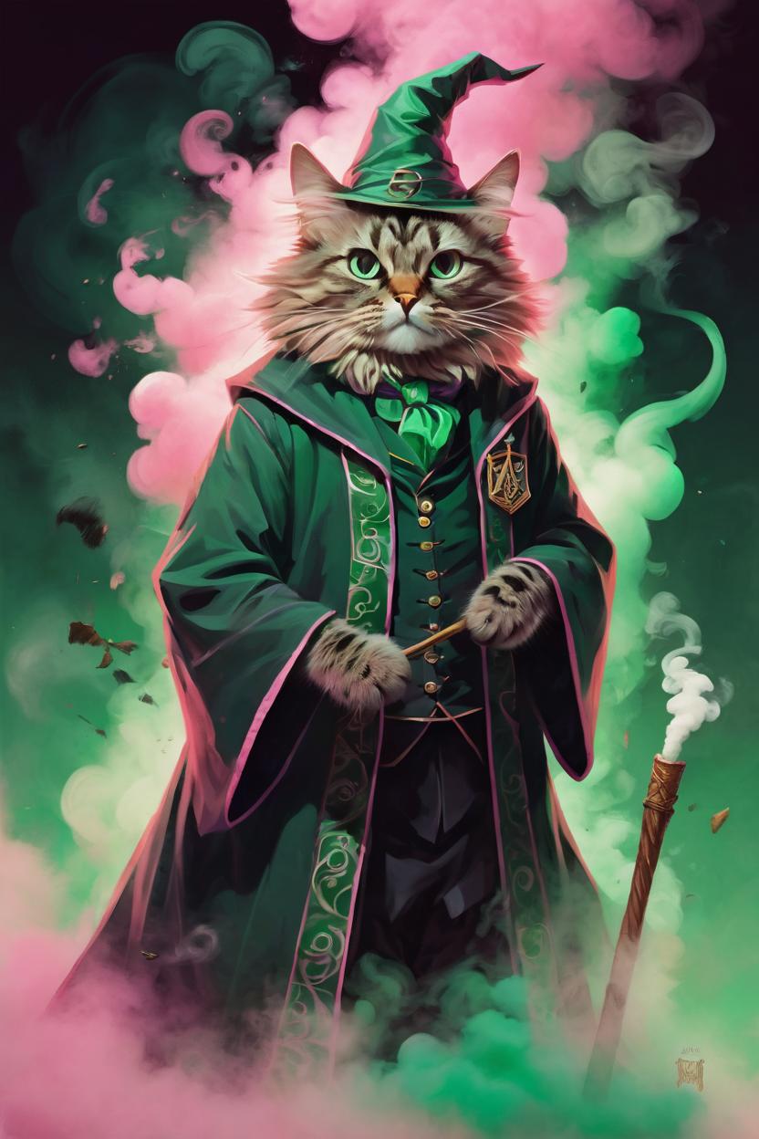 Artificial Intelligence (AI) generated image art, cat as a wizard, fantasy art, Harry Potter, medium shot, pink and green smoke in background asymmetrical, intricate, elegant, illustration, by rhads, by greg rutkowski, by greg tocchini, by james gilleard, by joe fenton