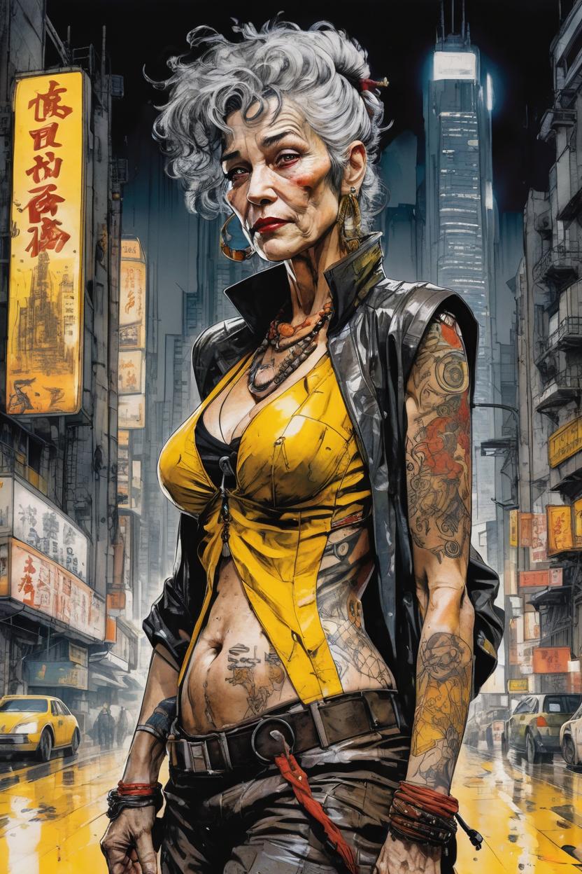 Artificial Intelligence (AI) generated image art, An edgy, modernist full body view of gray-haired woman, ((leave small empty area upon top of the head)), a cyberpunk rebel dressed in brown and yellow in the strange-looking dark and rainy streets of a futuristic-grotesque metropolis with hints of Blade Runner, in the graphic style of Yoji Shinkawa, accurate and detailed coloured line-drawing with watercolour, high-tech tattoos glowing against a backdrop of futuristic skyscrapers, rebellious spirit