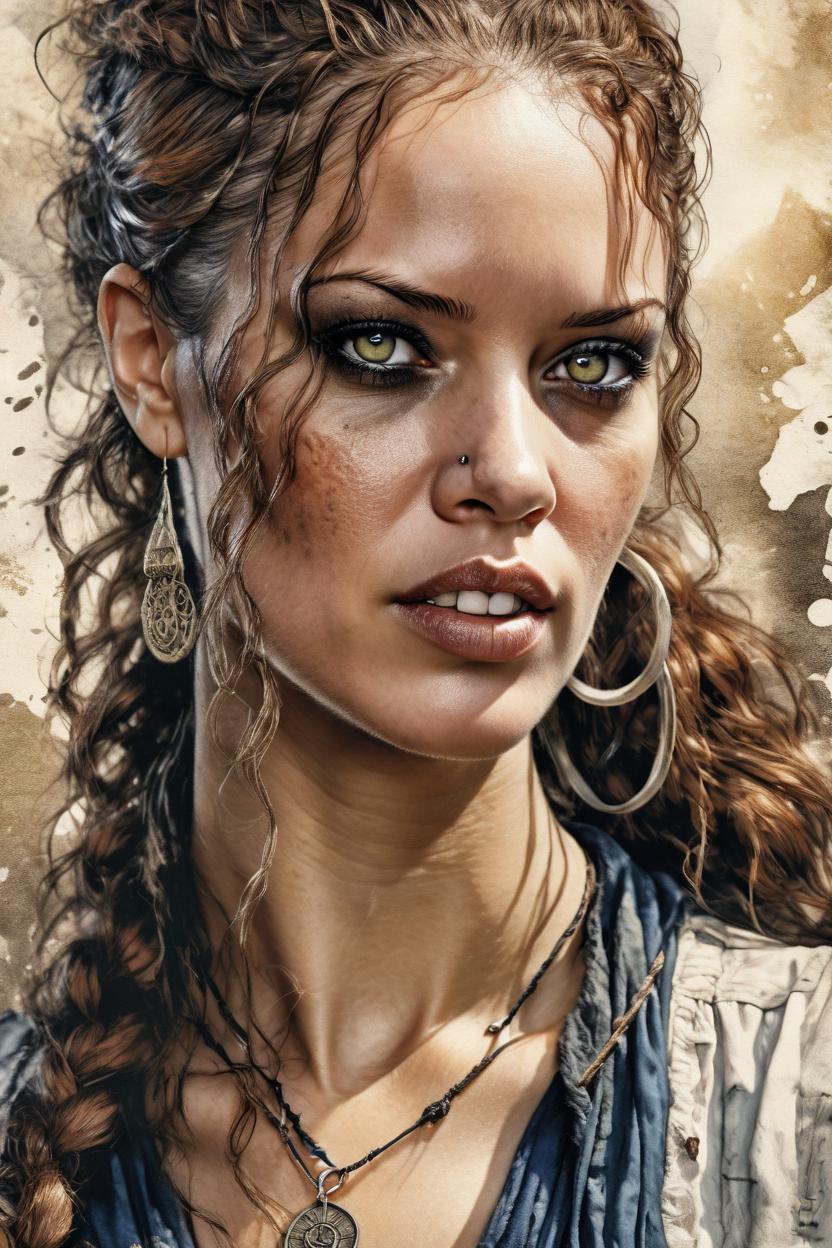 Artificial Intelligence (AI) generated image art, A very detailed ((full body view)) of woman in Luis Royo fantasy style ((small empty area above the head)). A very beautiful and striking female pirate, very detailed image, open, very long hair with soft waves framing the face, with ((eerily beautiful dark but sad eyes)), very detailed, Very advanced settings, 8K resolution, clear and sharp focus on all advanced details, intricately interwoven colour tones and intricate strokes, gently contrasting with elegant lines and sharp edges, advanced lithographic style, advanced film grain, bokeh and a blurred foreground and background, accompanied by advanced volumetric lithographic effects with stone wash, giving a subtle silhouette reminiscent of Jeremy Mann or Raphael Sanzio, Luis Royo or Julie Bell, against a texture suggesting maritime motifs such as coasts, harbours or antique ships, giving an advanced lithographic touch of the highest quality. intensely fearful and eerily creepy expression)), dressed in dirty rags, bare legs and feet.