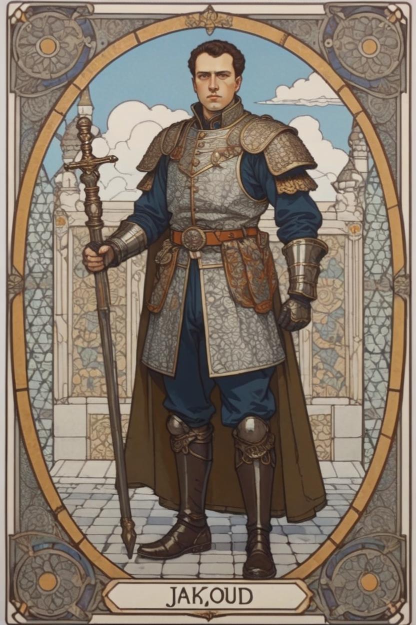 Artificial Intelligence (AI) generated image art, (*man*), portrait, artwork by Ivan Bilibin, Art Nouveau, tarot, steampunk, warrior, armored, with dark brown hair, light brown eyes, full body