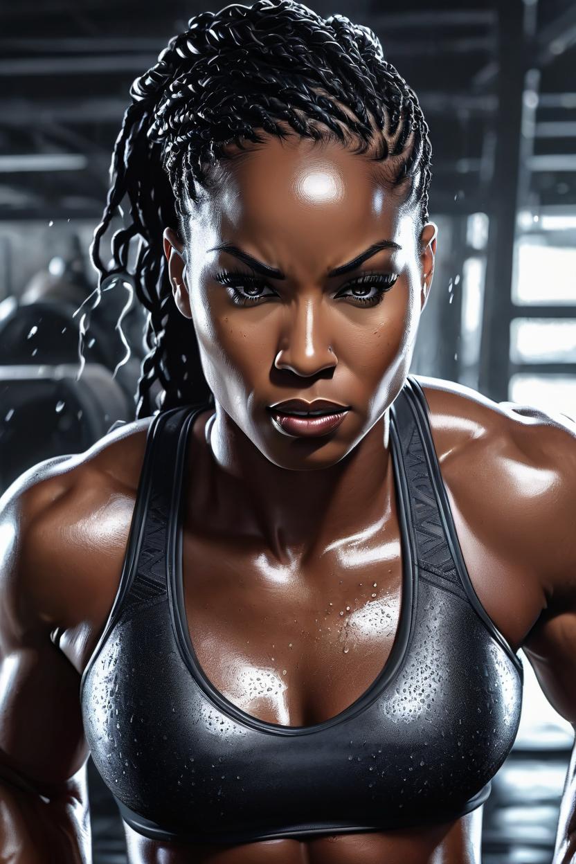 Artificial Intelligence (AI) generated image art, woman,muscular, brawny, buff, abs, rippling muscles, body builder, black, african, nubian, ebony, goddess, queen, amazon, warrior, barbarian, female, woman, exposed midrift, abs showing, sweat, glossy sheen, drenched in sweat, coated in sweat, Photorealistic, hyperdetailed, cinematic, high resolution, ultra detailed, 4K, art photography, comic book illustration, realism