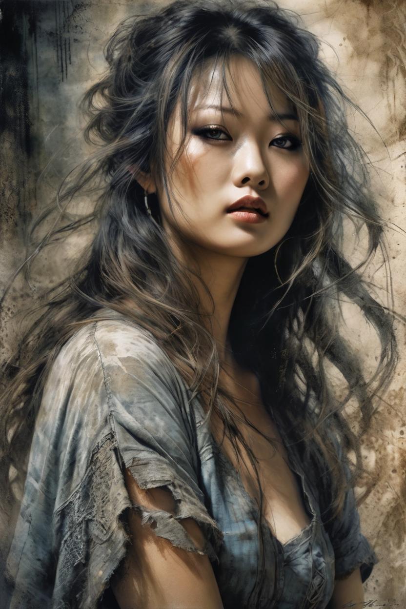 Artificial Intelligence (AI) generated image art, A very detailed ((full body view)) of woman in Luis Royo fantasy style ((leave small empty area above the top of the head)). A very beautiful and striking female beauty, very detailed rendering, open, very long hair with soft waves framing the face, with ((eerily beautiful dark but sad eyes)), very detailed, intensely fearful and eerily creepy expression)), dressed in a few dirty rags, with bare legs and feet. Very advanced settings, 8K resolution, clear and sharp focus on all advanced details, intricately interwoven colour tones and intricate strokes, gently contrasting with elegant lines and sharp edges, advanced lithographic style, advanced film grain, bokeh and a blurred foreground and background, accompanied by advanced volumetric lithographic effects with stone wash giving a subtle silhouette reminiscent of either Jeremy Mann or Raphael Sanzio, Luis Royo or Julie Bell, against a (burlap texture) that gives an advanced lithographic touch, highest quality.