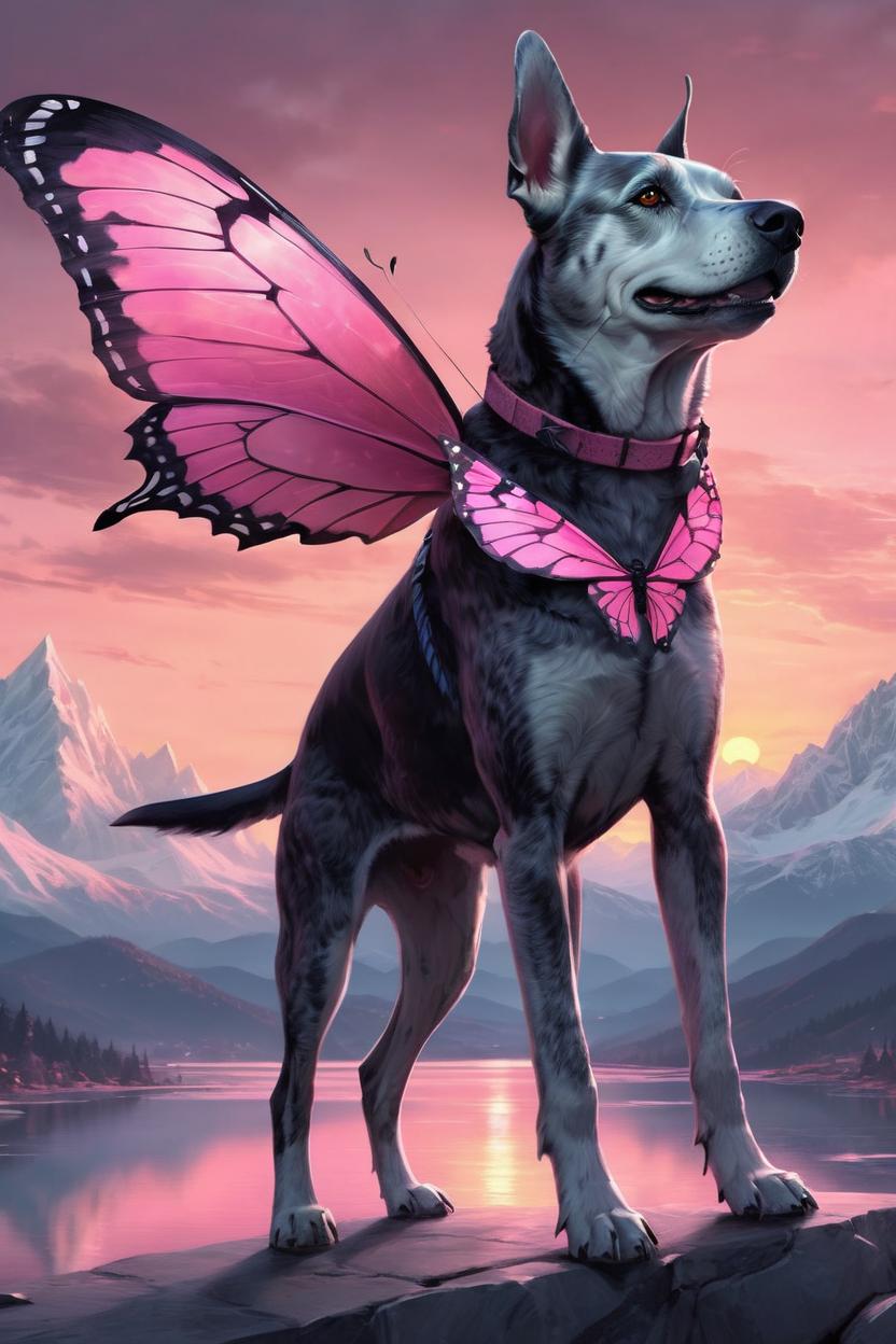 Artificial Intelligence (AI) generated image art, dog, (pink butterfly wings), (pink and grey sunset), icy mountains in background,  by charlie bowater and zeen chin and terada katsuya, epic scene, epic light, fractals background, intricate detailed, fine details, artstation, masterpiece