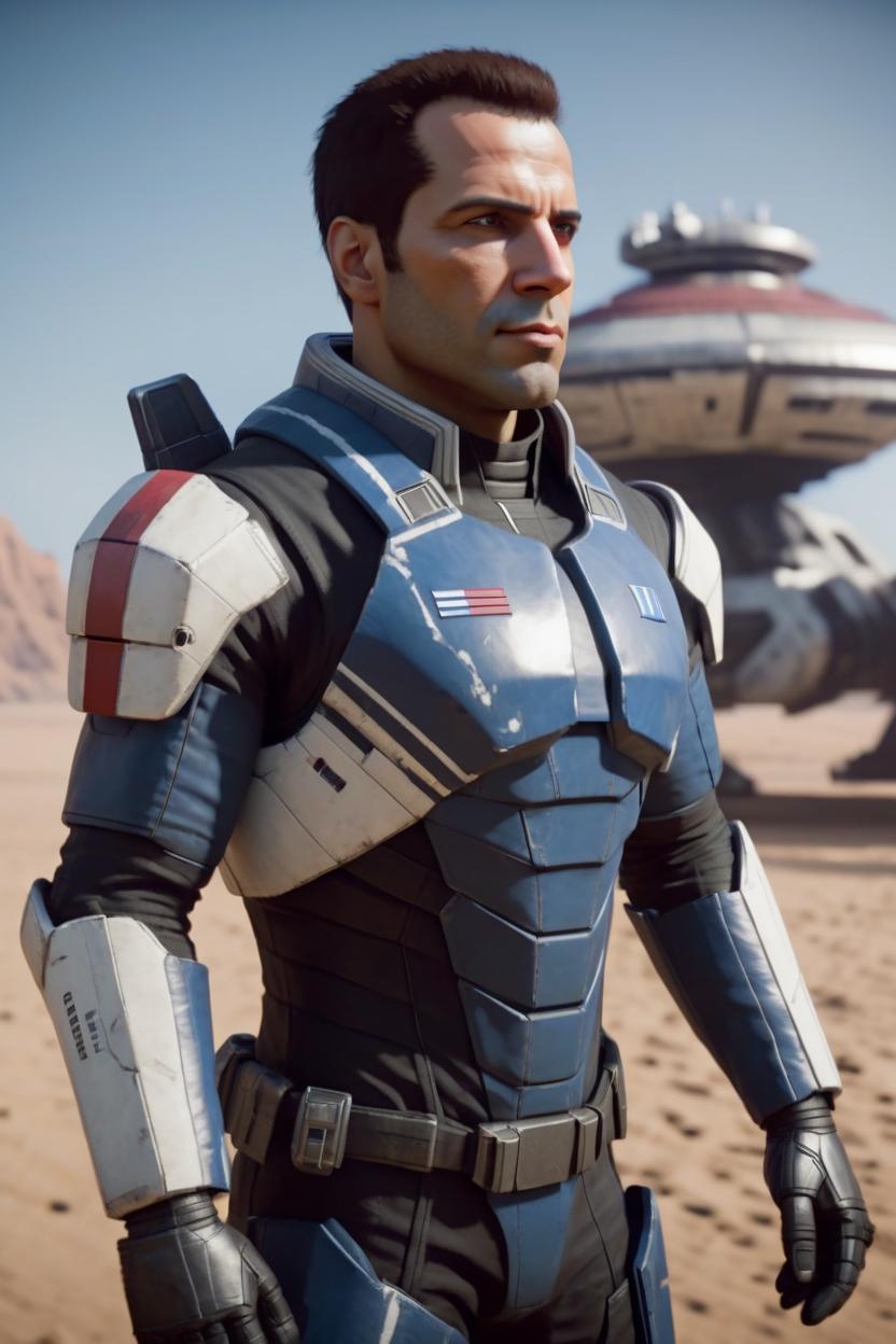 Artificial Intelligence (AI) generated image art, man, Shot on Hasselblad H6D-400c lens, Mass Effect, Commander Shepard, ultra high definition, ultra-realism, ultra realistic, younger, clean features, full body, normandy ship in background