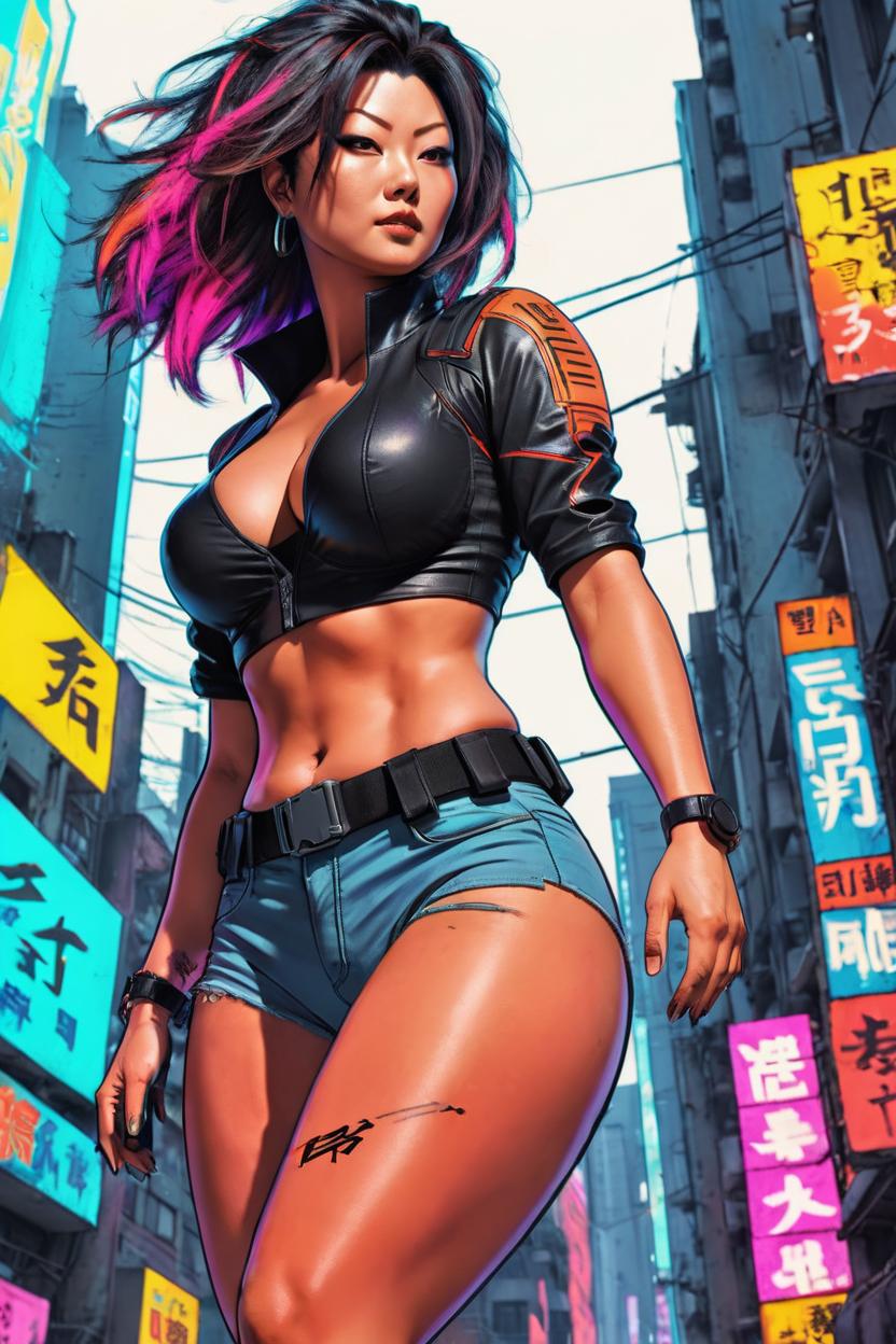 Artificial Intelligence (AI) generated image art, woman, a detailed beautiful woman (((small empty area above head))), special agent, open hair, full body, cyberpunk, bright colors, cartoon, concept art, strong pose, bold black lines, neon city