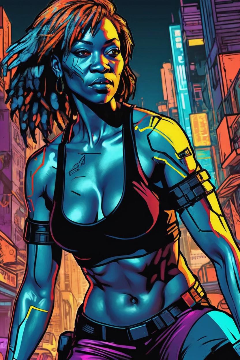 Artificial Intelligence (AI) generated image art, woman, a detailed beautiful woman (((small empty area above top of head))), strong fighting pose, special agent, full body, cyberpunk, bright colors, cartoon, concept art, bold black lines, neon city