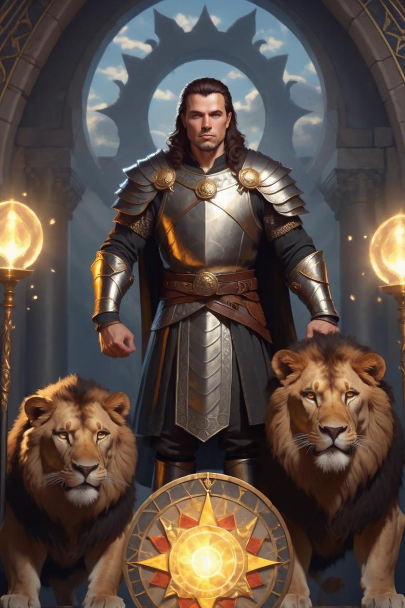 Artificial Intelligence (AI) generated image art, man, as a medieval warrior king with two lions in the tarot card \\\\\\\'strength\\\\\\\', elegant, dark brown hair, glowing lights, waist to top, lights detailed, digital painting, black hole in the background, artstation, glamor pose, concept art, smooth, sharp focus, illustration, art by artgerm and greg rutkowki