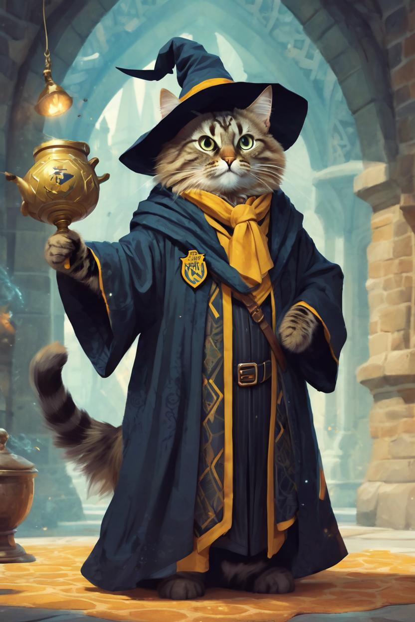 Artificial Intelligence (AI) generated image art, cat, as a wizard, dressed in Hufflepuff robes fantasy art, Harry Potter, medium shot, magic everywhere asymmetrical, intricate, elegant, illustration, by rhads, by greg rutkowski, by greg tocchini, by james gilleard, by joe fenton