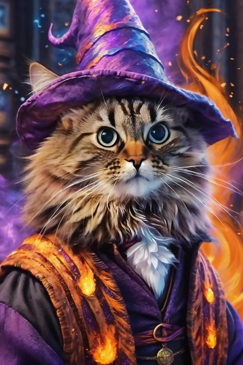 Artificial Intelligence (AI) generated image art, cat, (portrait), fantasy wizard, harry potter (((purple and orange fire in background))), magic everywhere, phoniex, art by Greg Rutkowsi, highly detailed, sharp focus, 4k harry potter style wizard rainbow