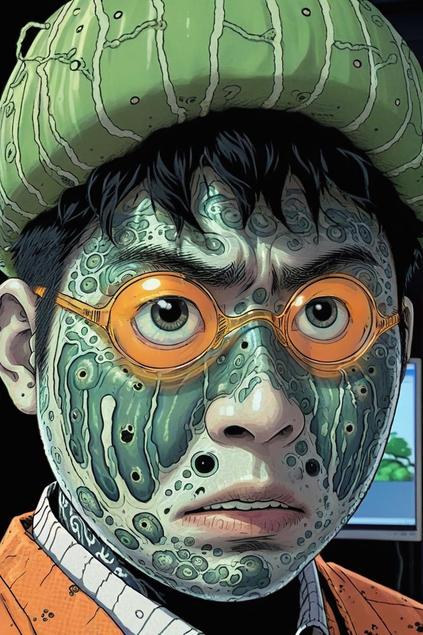 Artificial Intelligence (AI) generated image art, man, as a junji ito manga character, infected with uzumaki on face
