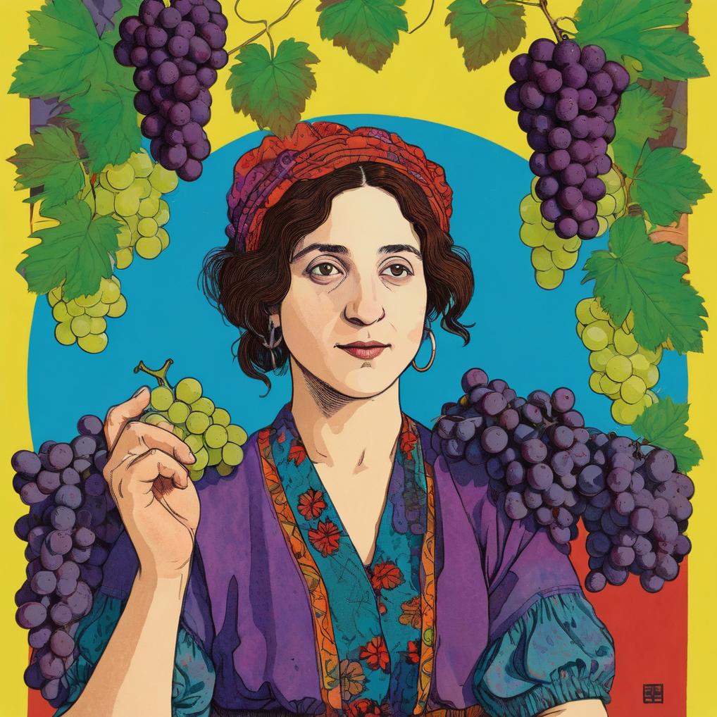 Artificial Intelligence (AI) generated image art, woman, illustration by Rutu Modan, artwork, postcard, grapes, vibrant colors