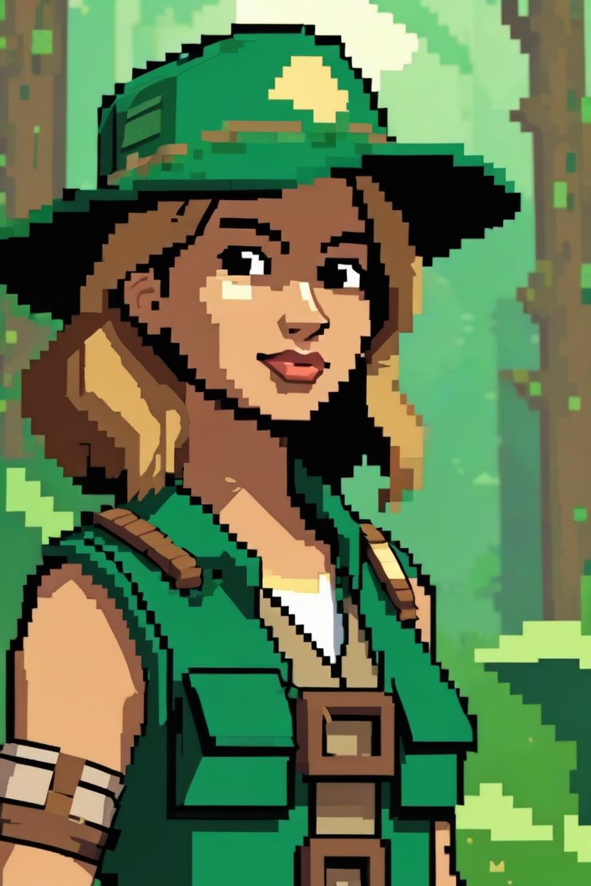 Artificial Intelligence (AI) generated image art, woman, (8 bit pixel art), tan skin, in jungle, as ranger