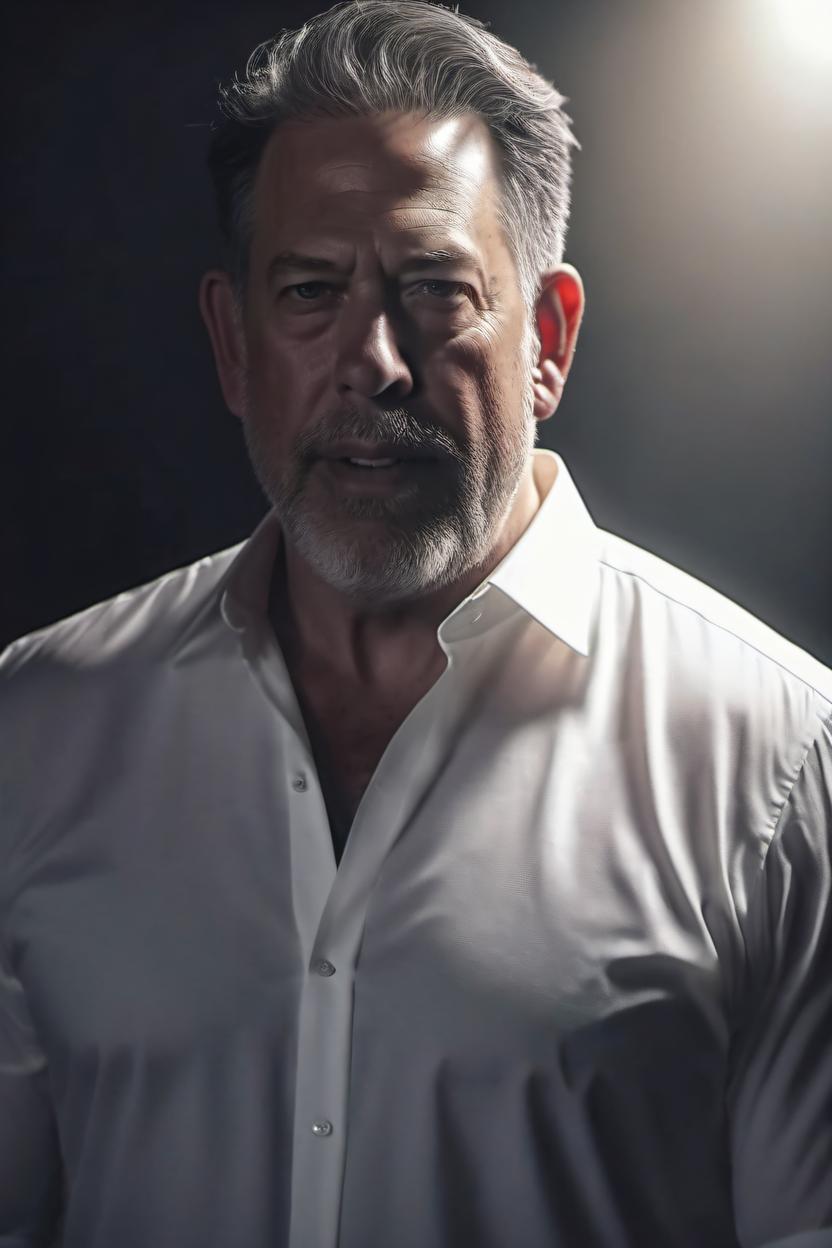 Artificial Intelligence (AI) generated image art, man portrait, haute couture, minimalistic white adherent shirt, (chiaroscuro style), photorealistic, masculine man, ((dark ambience)), cinematic lighting, highly detailed, sharp focus,4k
