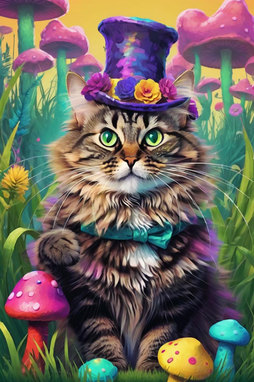 Artificial Intelligence (AI) generated image art, cat, as the Cheshire Catnfull body shot, vector illustration of a techno wonderland, very colorful, wearing mad hatter's hat and big green yellow eyes, fluffy body with tints of purple and pink in her fur sitting on a giant neon mushroom while having tea and talking to the flowers and the green and blue hookah smoking caterpillar puffs purple smoke out in circle form, she is laughing delightedly while behind her the red queen peeks about from behind the giant grass stalks, were all mad here, colorful, wacky, wonderland
