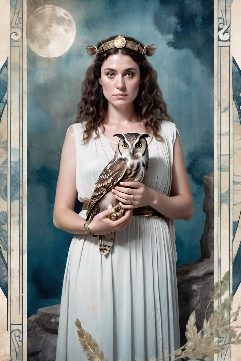 Artificial Intelligence (AI) generated image art, woman, as Greek goddess Athena, holding an owl in one hand, looking ethereal and serene, in the style of tarot card art