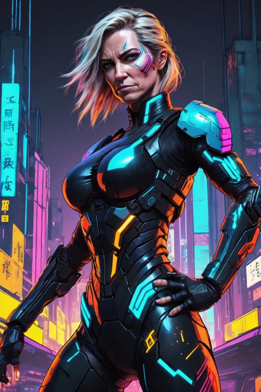 Artificial Intelligence (AI) generated image art, woman, a detailed beautiful woman (((small empty area above top of head))), strong fighting pose, special agent, full body, cyberpunk, bright colors, cartoon, concept art, bold black lines, neon city