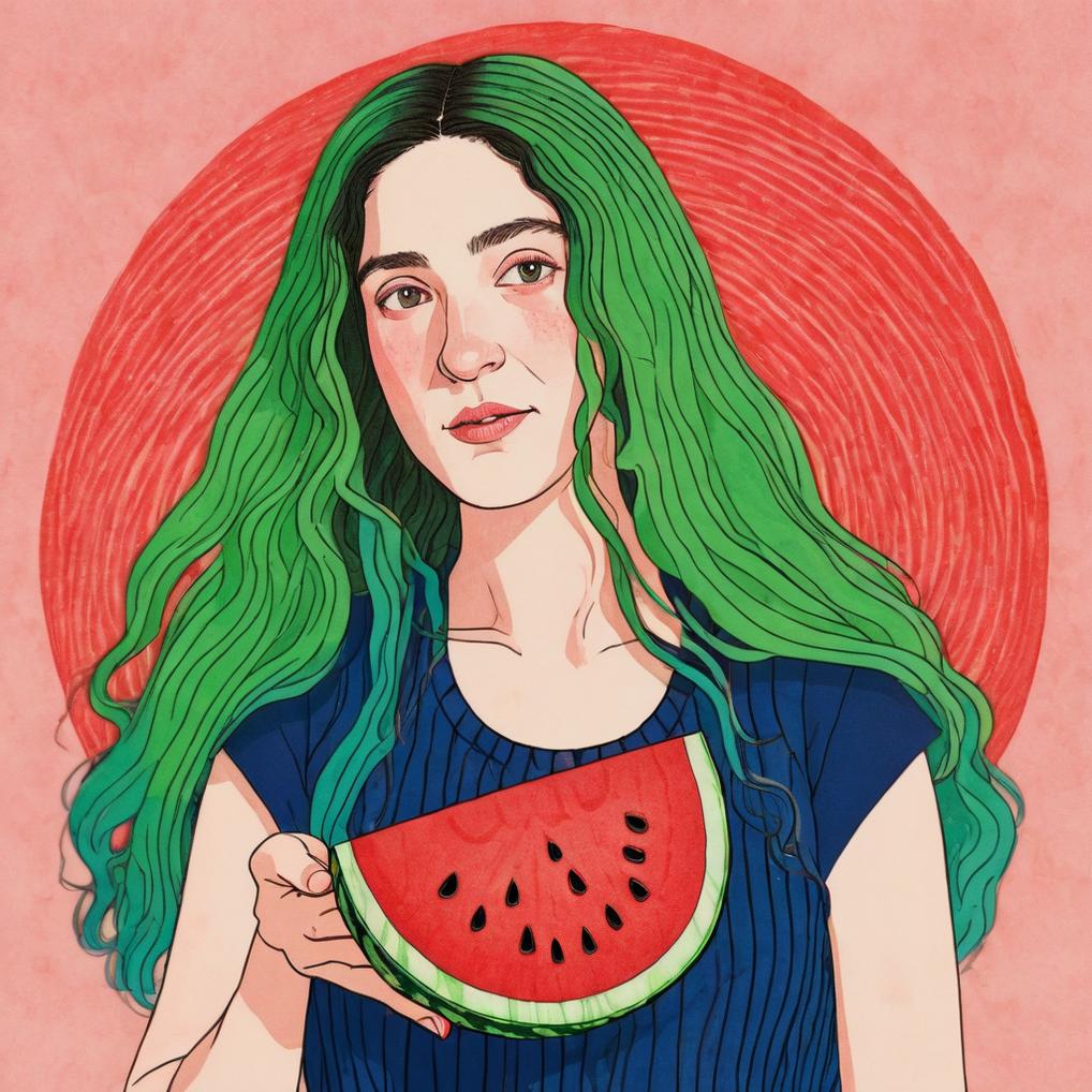 Artificial Intelligence (AI) generated image art, woman, illustration by Rutu Modan, artwork, postcard, watermelon, long hair, vibrant colors, cute illustration