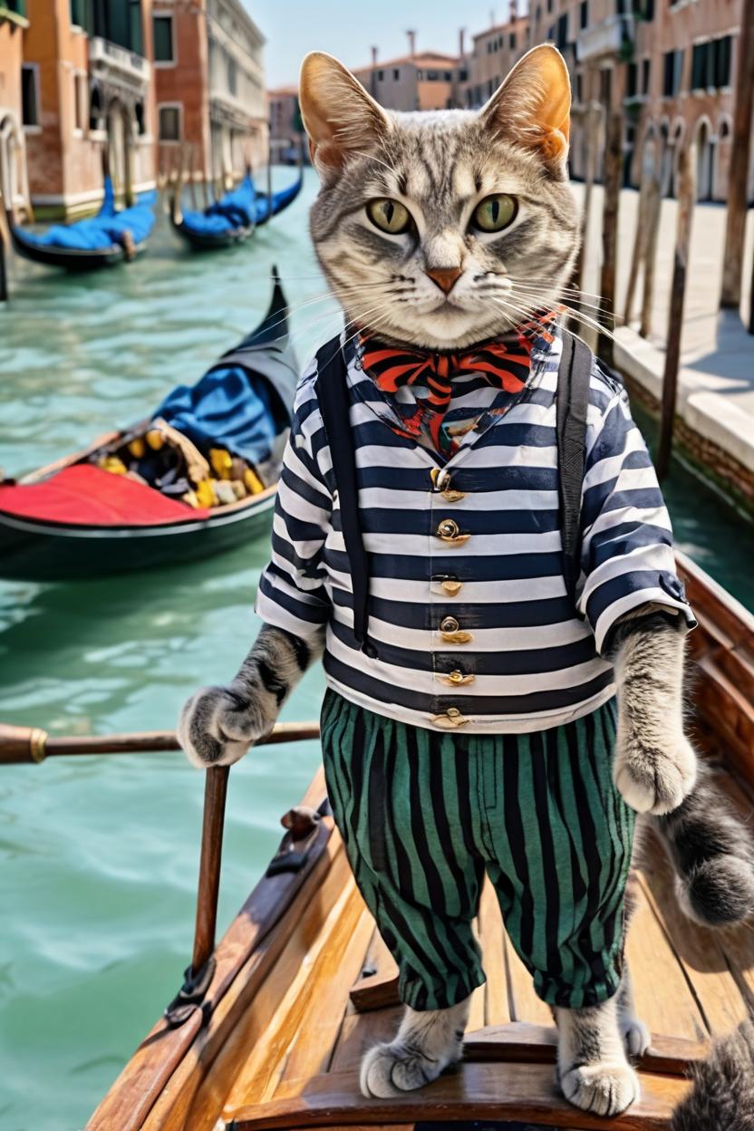 Artificial Intelligence (AI) generated image art, cat, as a Gondolier in Venice (anthropomorphic), wearing a striped shirt and guiding a boat