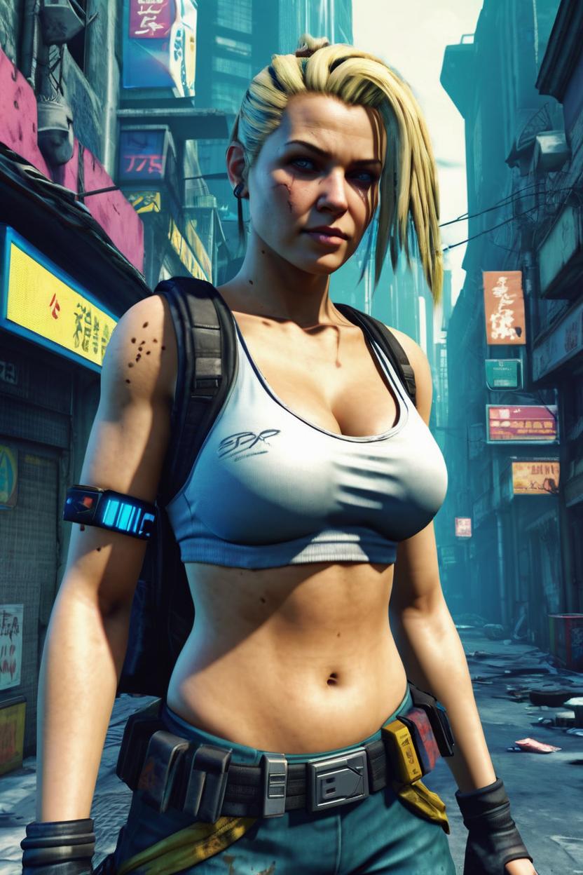 Artificial Intelligence (AI) generated image art, woman, fullbody view ((leave small empty area above the top of the head)), early 2000 low game graphics, 2000s playstation graphics artstyle, cyberpunk street background