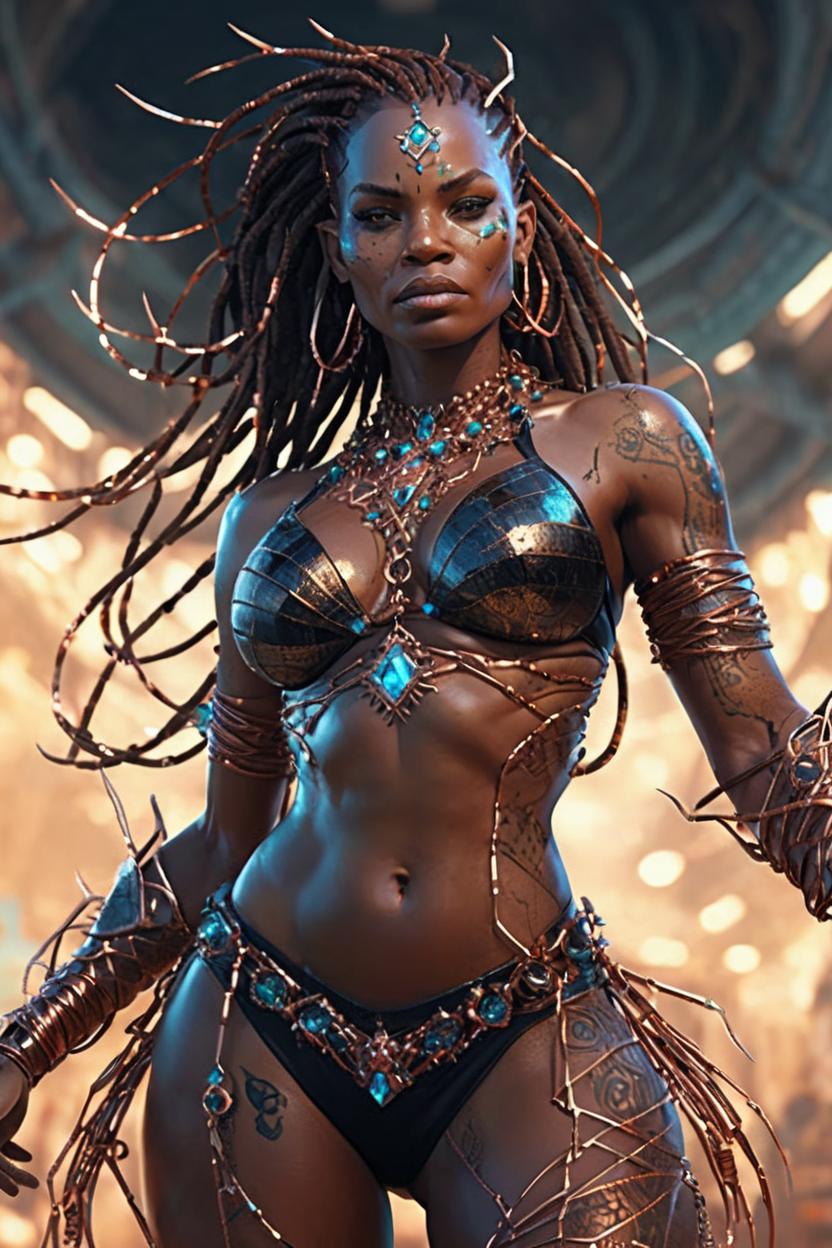 Artificial Intelligence (AI) generated image art, woman, full length, long shot, portrait of a dark god, in a jeweled fantasy-style bikini , copper wires, visible scars and nerves, intricate,, highly detailed, digital painting, artstation, concept art, sharp focus, cinematic lighting, illustration, art by artgerm and greg rutkowski, alphonse mocha, cgsociety, Olivia