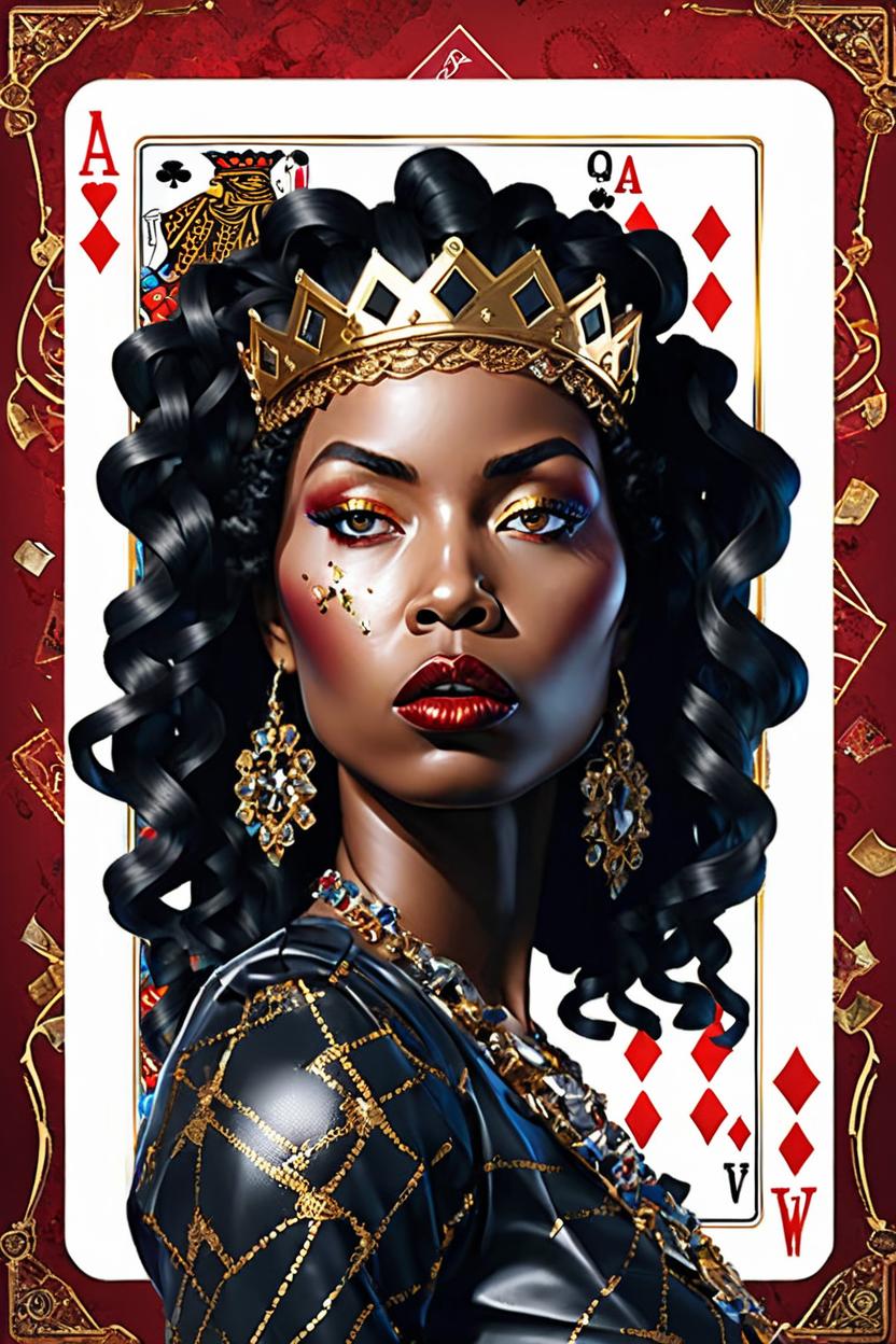 Artificial Intelligence (AI) generated image art, woman, Create a full-body, long shot, 3D realistic illustration of an authoritative African American queen emerging from a queen of spades playing card. She's depicted in a direct front view, highlighting her regal demeanor. Her skin is café au lait, and curly hair frames a serene, expressionless face. She sports vivid red shoes and black lacquered nails. The background is a chaotic yet opulent scene with randomly scattered playing cards, diamonds, and gold coins, reflecting the richness of her realm. She wears a detailed gold crown with spade motifs, enhancing her royal status. The lighting focuses on her, using soft, dramatic beams to create a vivid outline that emphasizes her stature and the textures of her attire