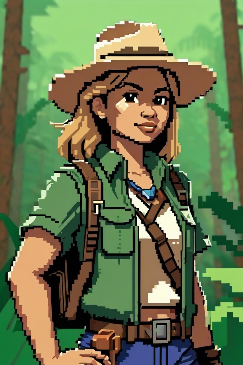 Artificial Intelligence (AI) generated image art, woman, (8 bit pixel art), tan skin, in jungle, as ranger