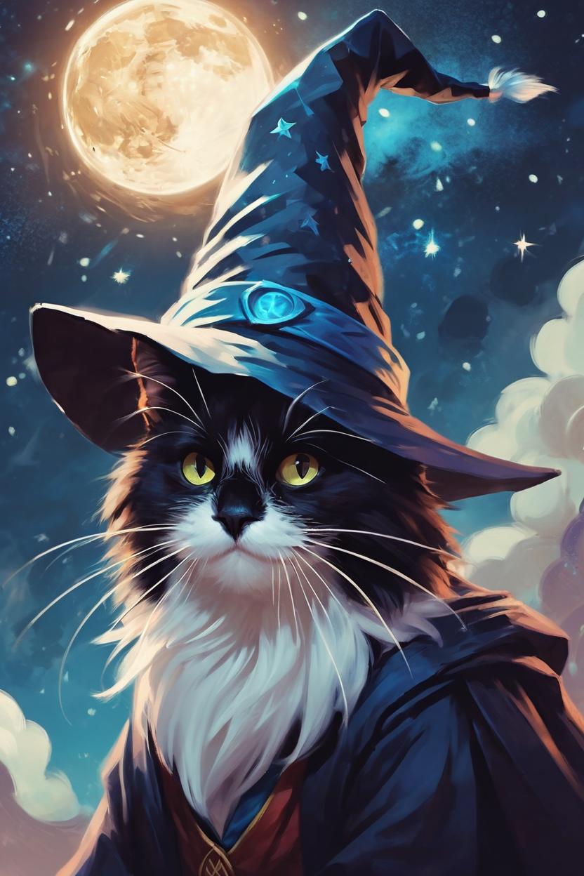 Artificial Intelligence (AI) generated image art, cat as a cute wizard, fantasy art, Harry Potter, medium shot, asymmetrical, intricate, elegant, illustration, by rhads, by greg rutkowski, by greg tocchini, by james gilleard, by joe fenton accurate, realistic, cute, funny, wizard party, Hogwarts, magical cat, starry sky