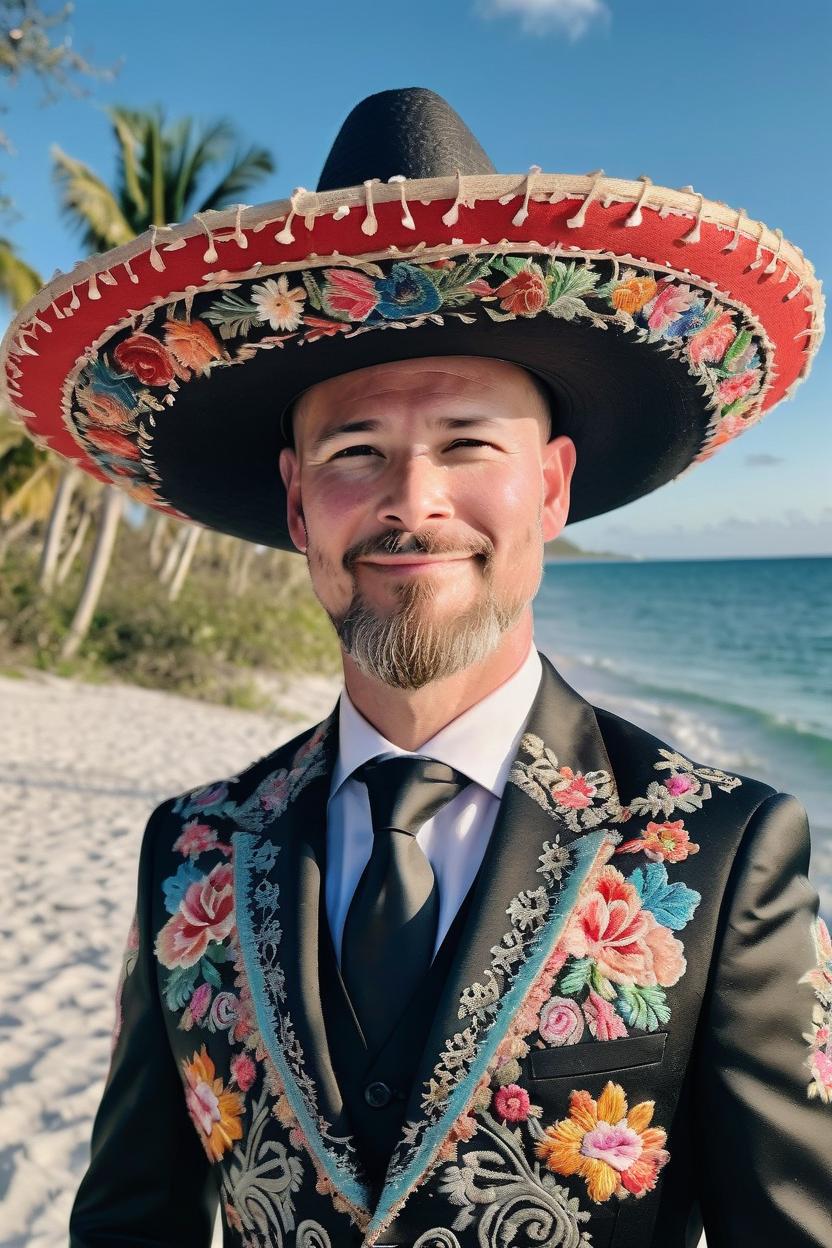 Artificial Intelligence (AI) generated image art, man, as a mariachi band member wearing an ornate traditional outfit, visible from head to tow. high detailed floral embroidery on the suit jacket. high detailed floral embroidery on a large and wide sombrero. ornate and flashy dress shoes. Cancun Mexico or similar location with the beach behind him slightly blurred, hyperrealistic photographic style. High quality award winning photograph.