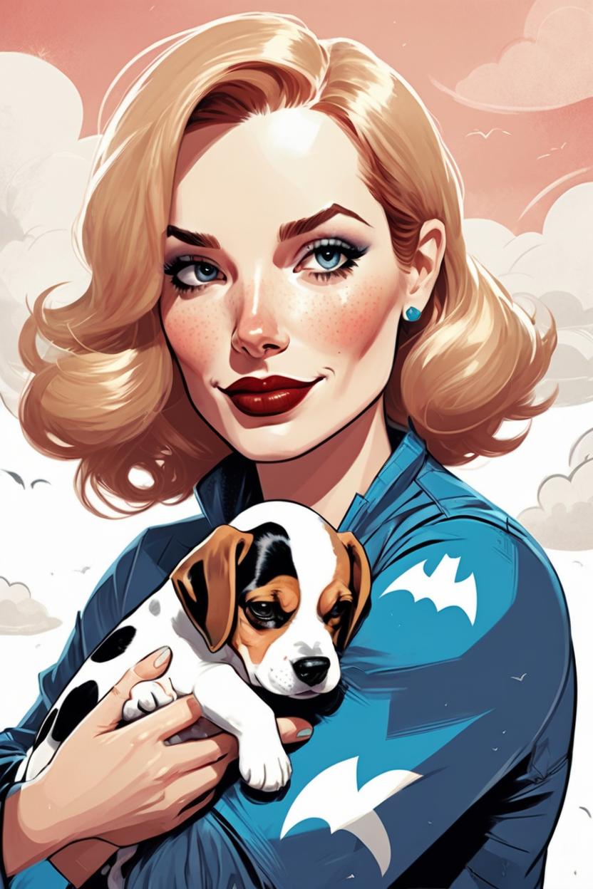 Artificial Intelligence (AI) generated image art, (pin up style style), woman, illustration, DC comics, superhero comics, portrait, woman cuddling a puppy beagle