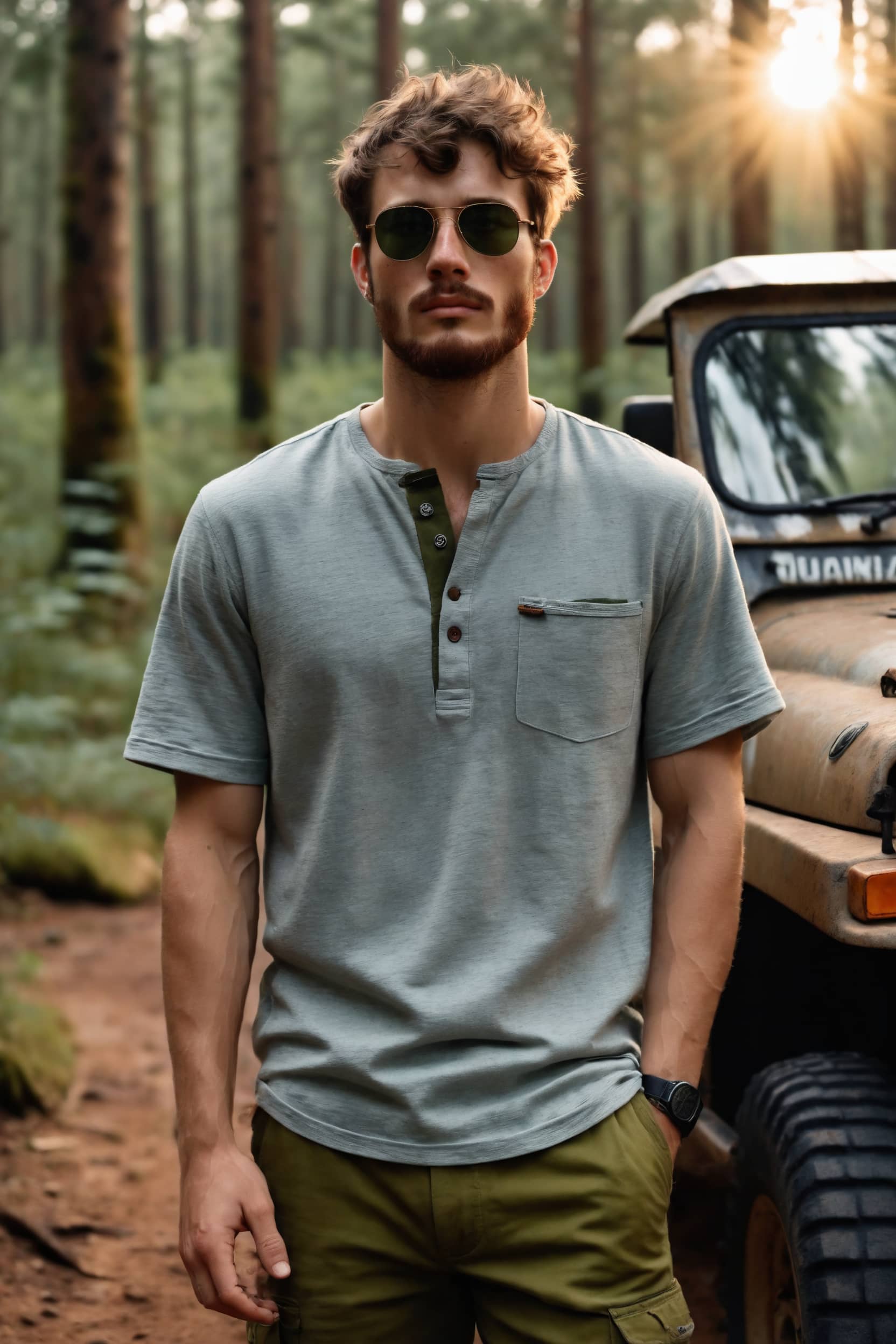 AI-generated portrait of a man in a gray Henley shirt and sunglasses, standing confidently in a forest with a Jeep behind him.