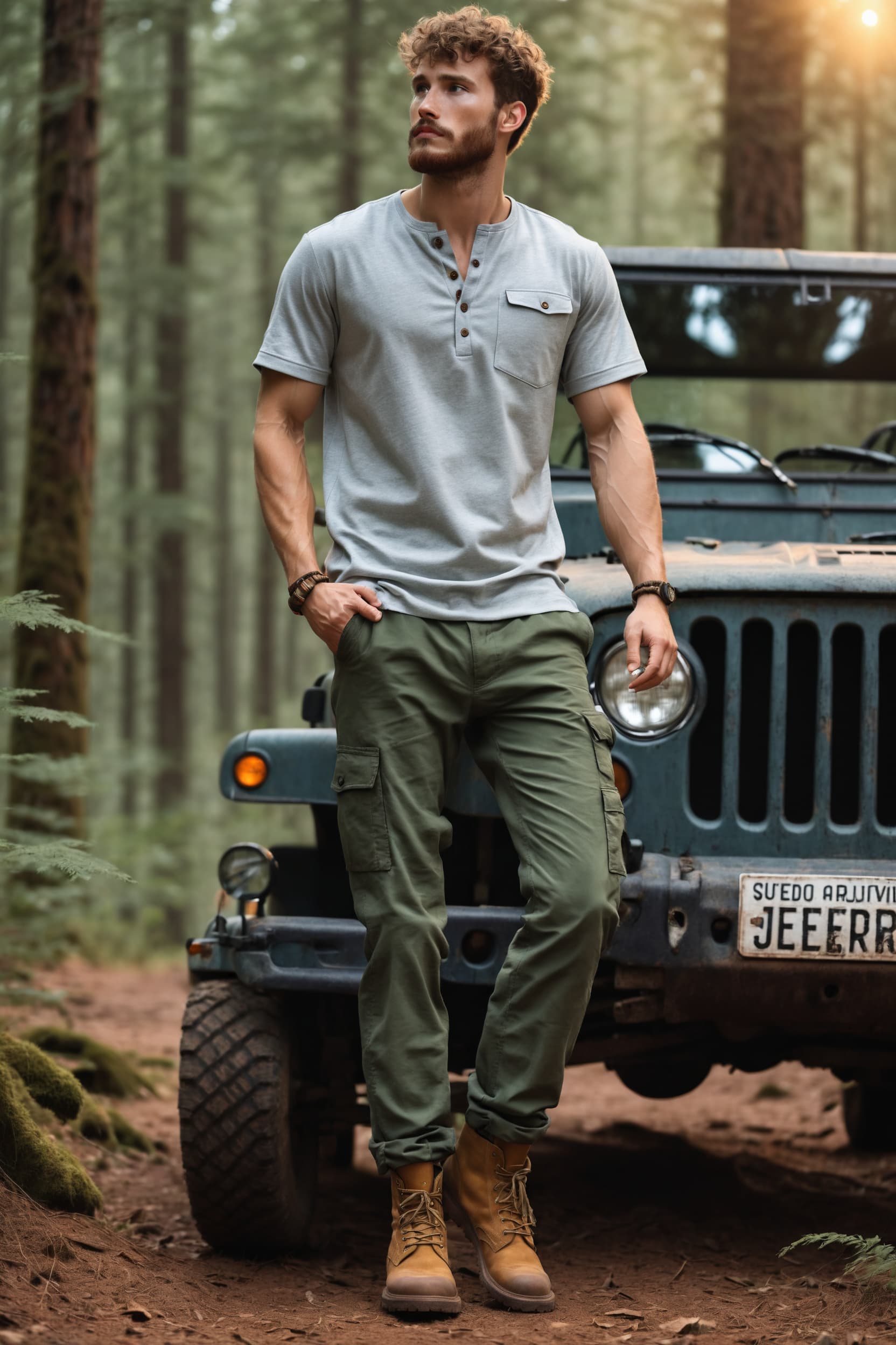 AI-generated image of a rugged man in a gray Henley shirt and cargo pants, leaning on a Jeep in a forest setting.