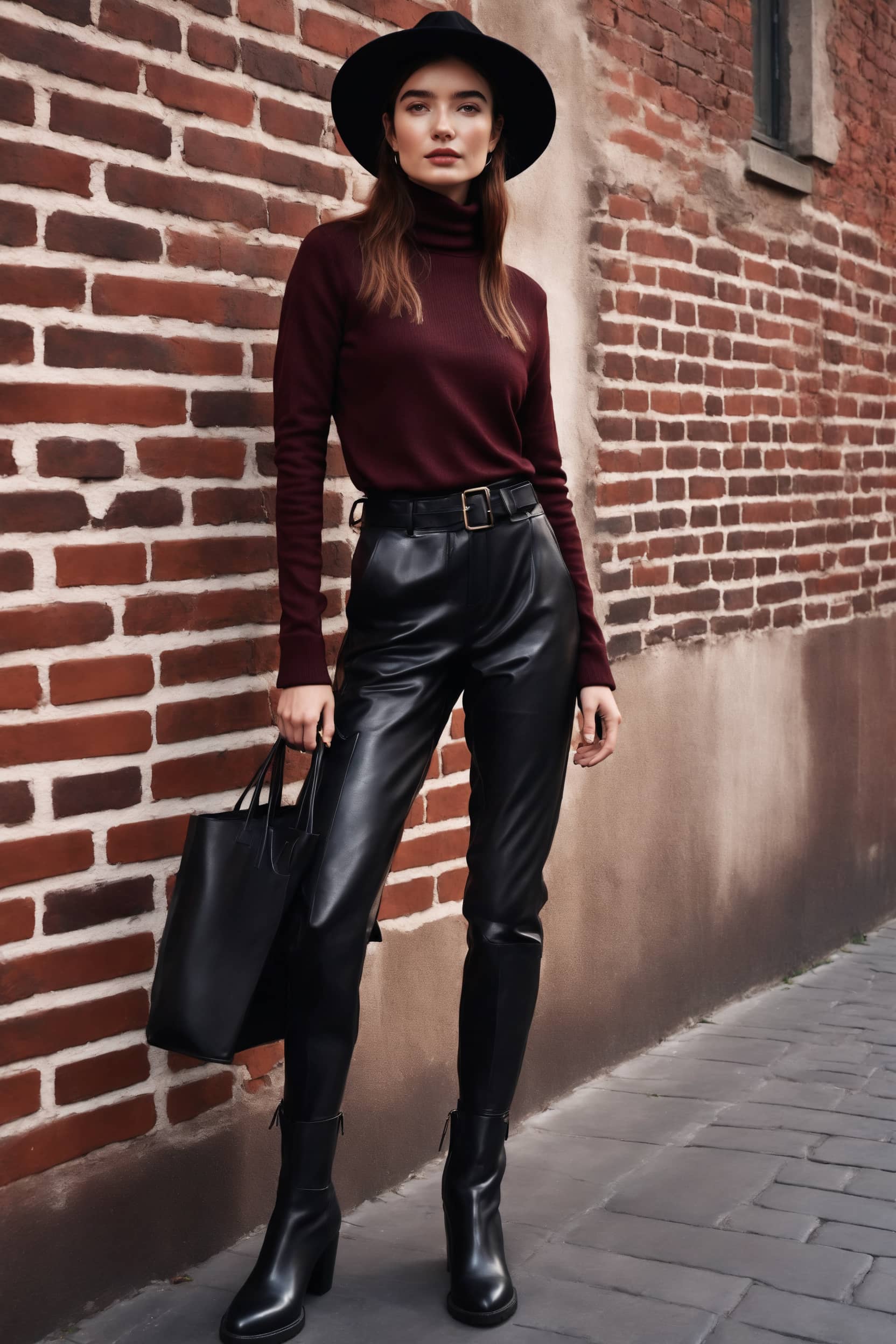 Fashionable woman in a burgundy sweater, black leather pants, and a hat, posing on a cobblestone street with a tote bag