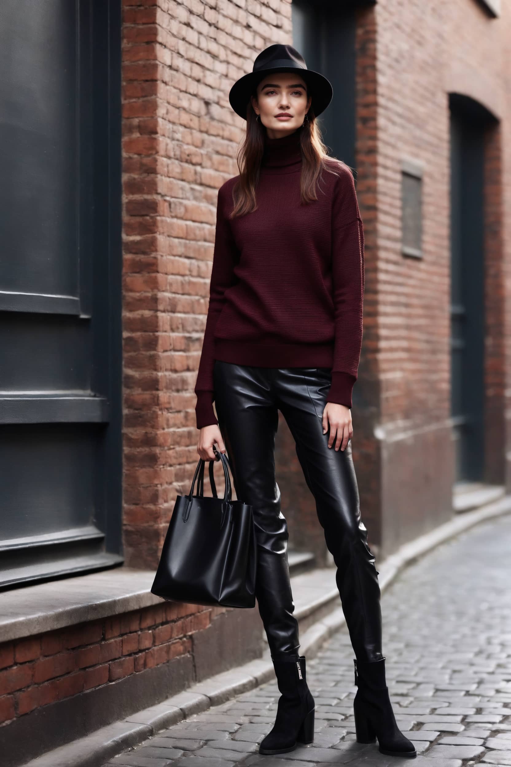 Woman in a burgundy turtleneck, black leather pants, and a fedora stands against a brick wall, exuding a modern style.