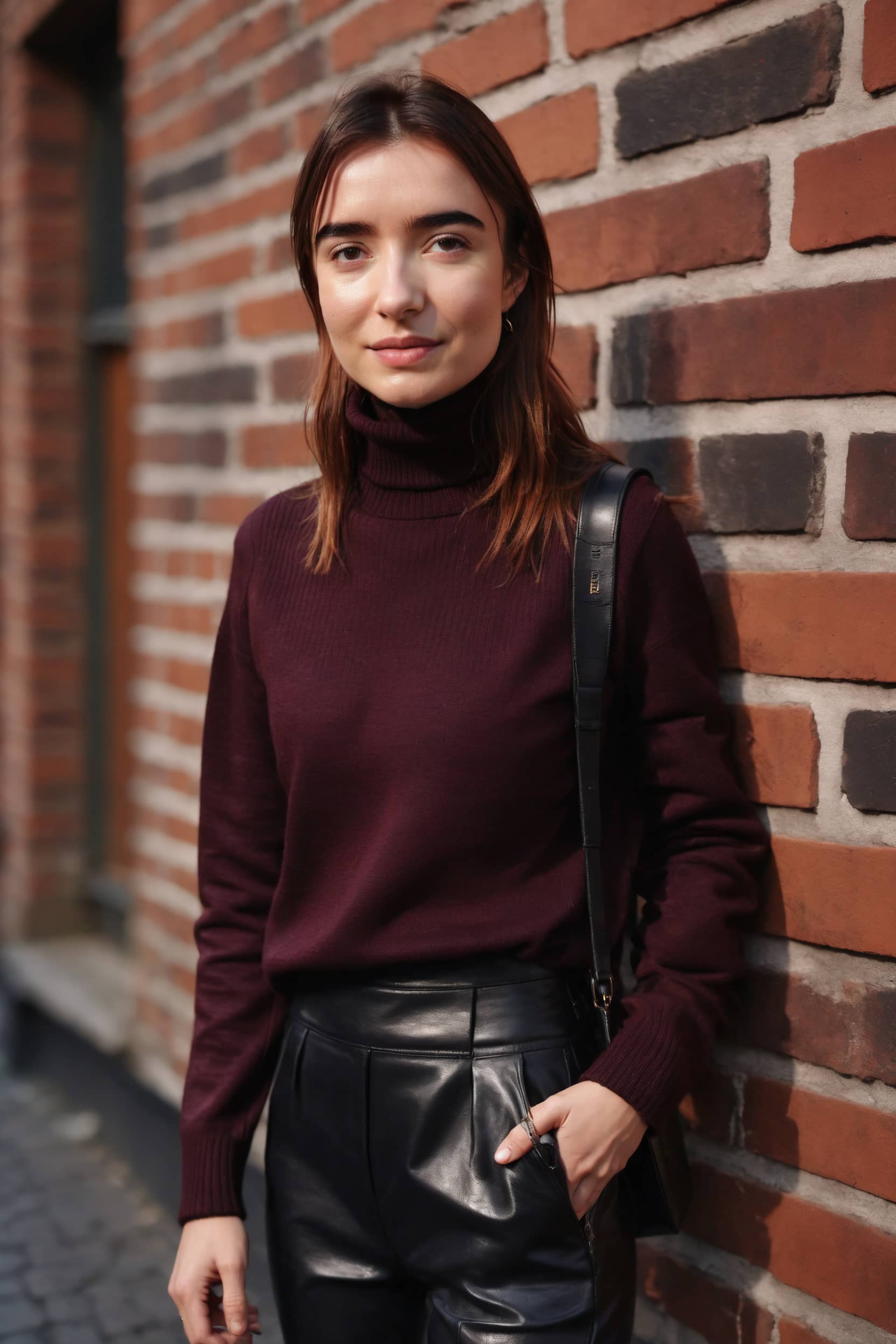 AI-generated portrait of a woman in a burgundy turtleneck and black leather pants, leaning stylishly against a brick wall.