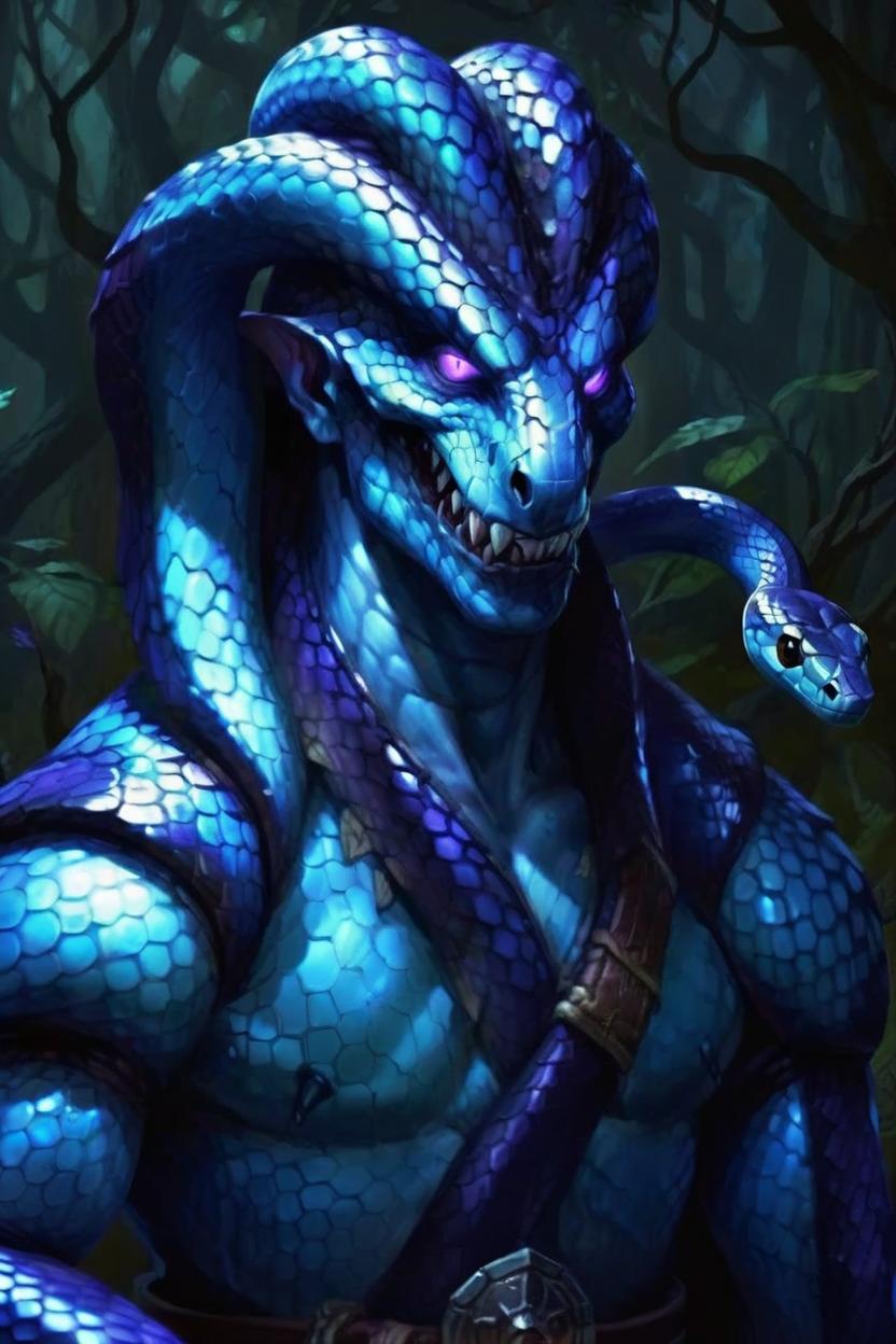 Artificial Intelligence (AI) generated image art, man, as a blue snake man, purple glowing eyes, fantasy, dnd, fantasy art by Greg Rutkowski, highly detailed, sharp focus, 4k, evil